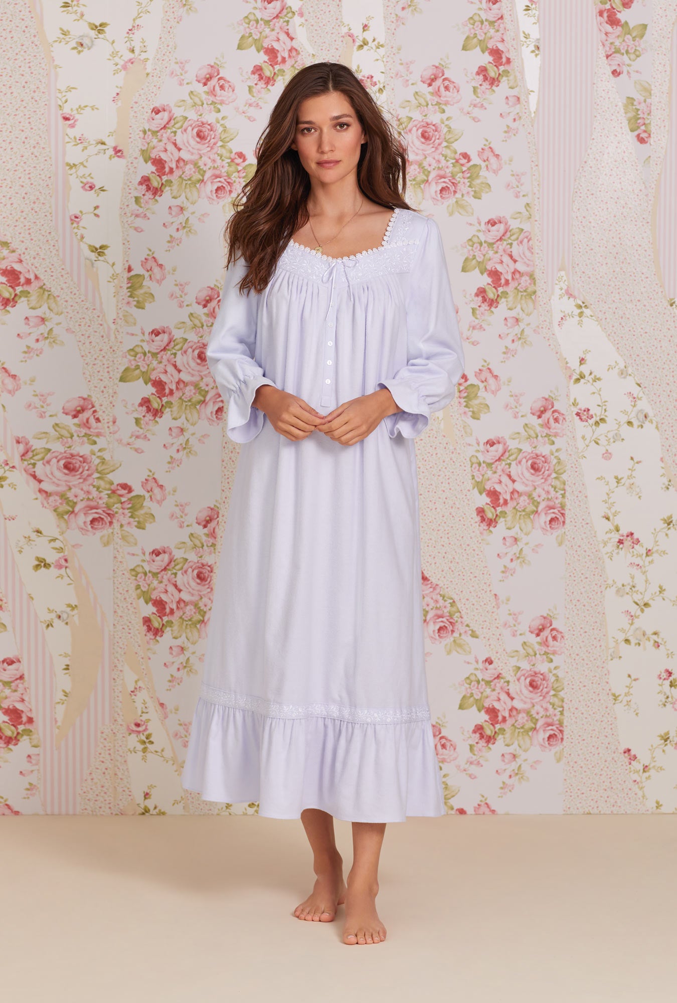 A lady wearing white Long Sleeve Cotton Flannel Embroidery Long Nightgown 