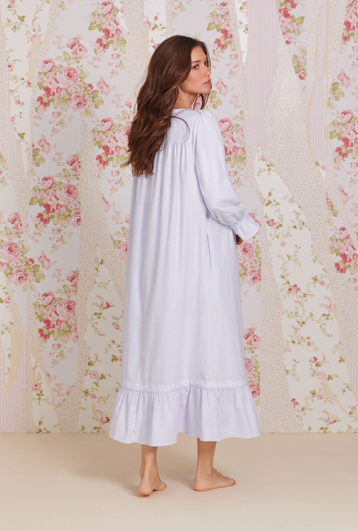 A lady wearing white Long Sleeve Cotton Flannel Embroidery Long Nightgown 