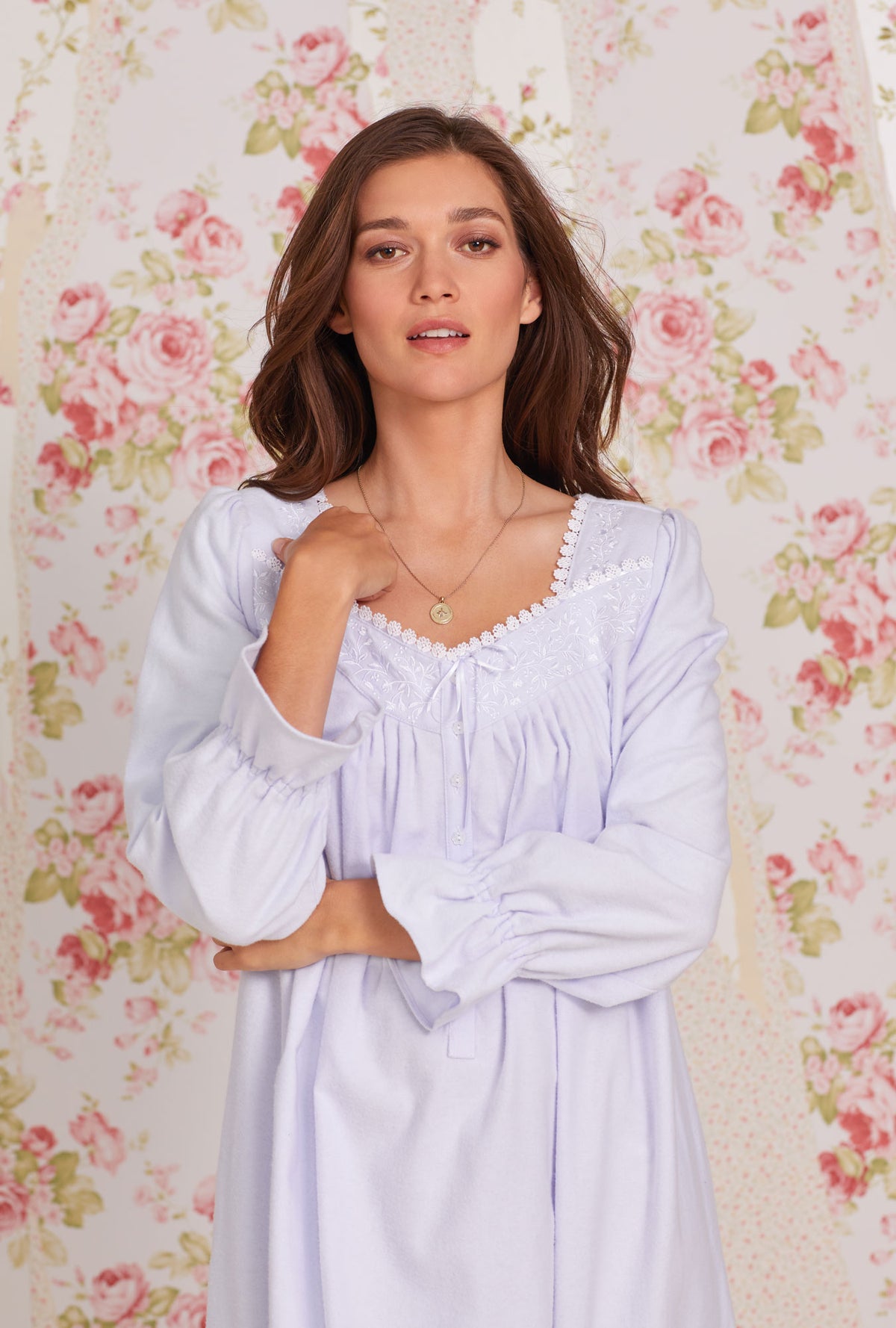 A lady wearing white Long Sleeve Cotton Flannel Embroidery Long Nightgown 