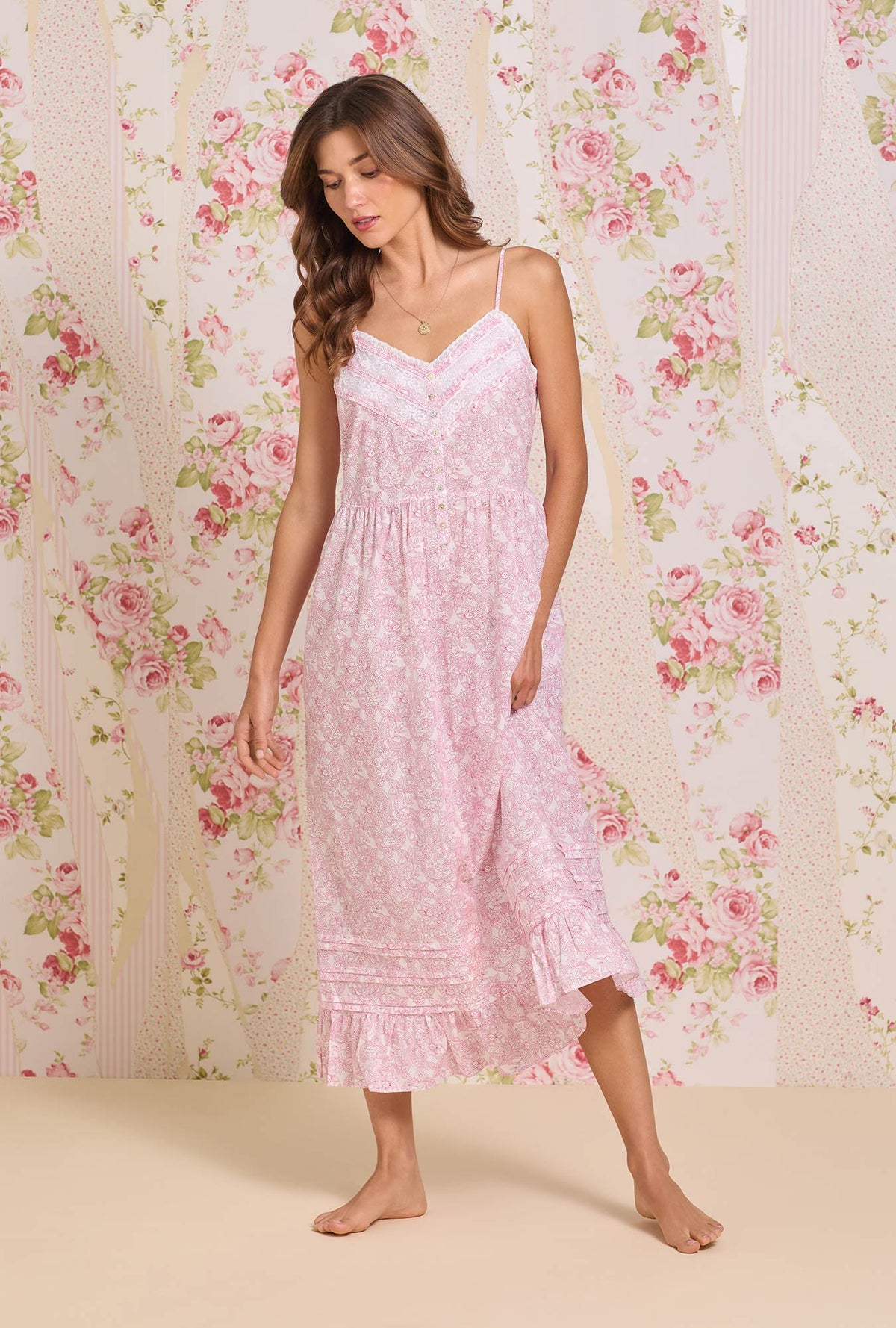A lady wearing the "Elise" Cameo Garden Cotton Lawn Ballet Nightgown