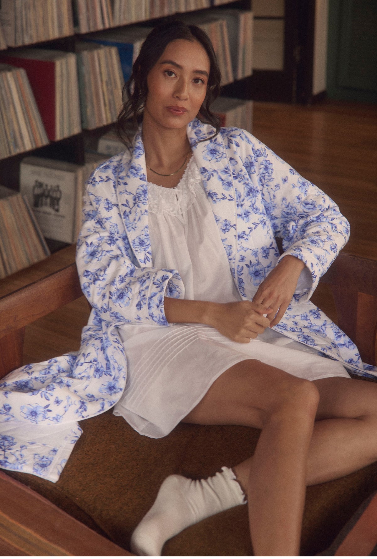 A lady wearing Rustic Rose Diamond Quilt Wrap Robe