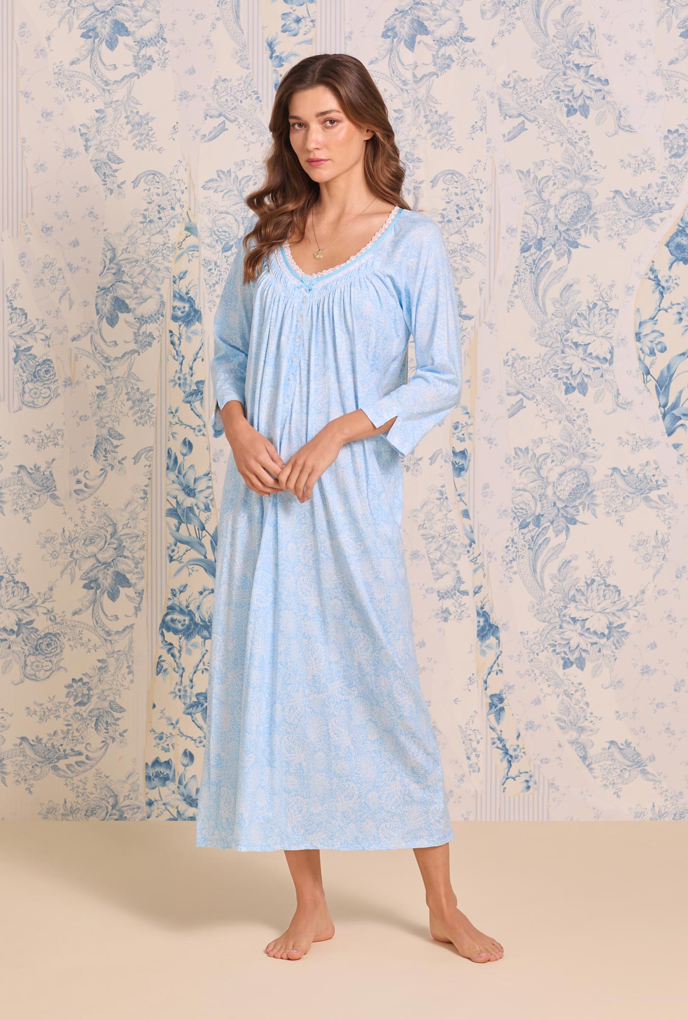 Blue Whisper Paisley Cotton Knit Long Nightgown
