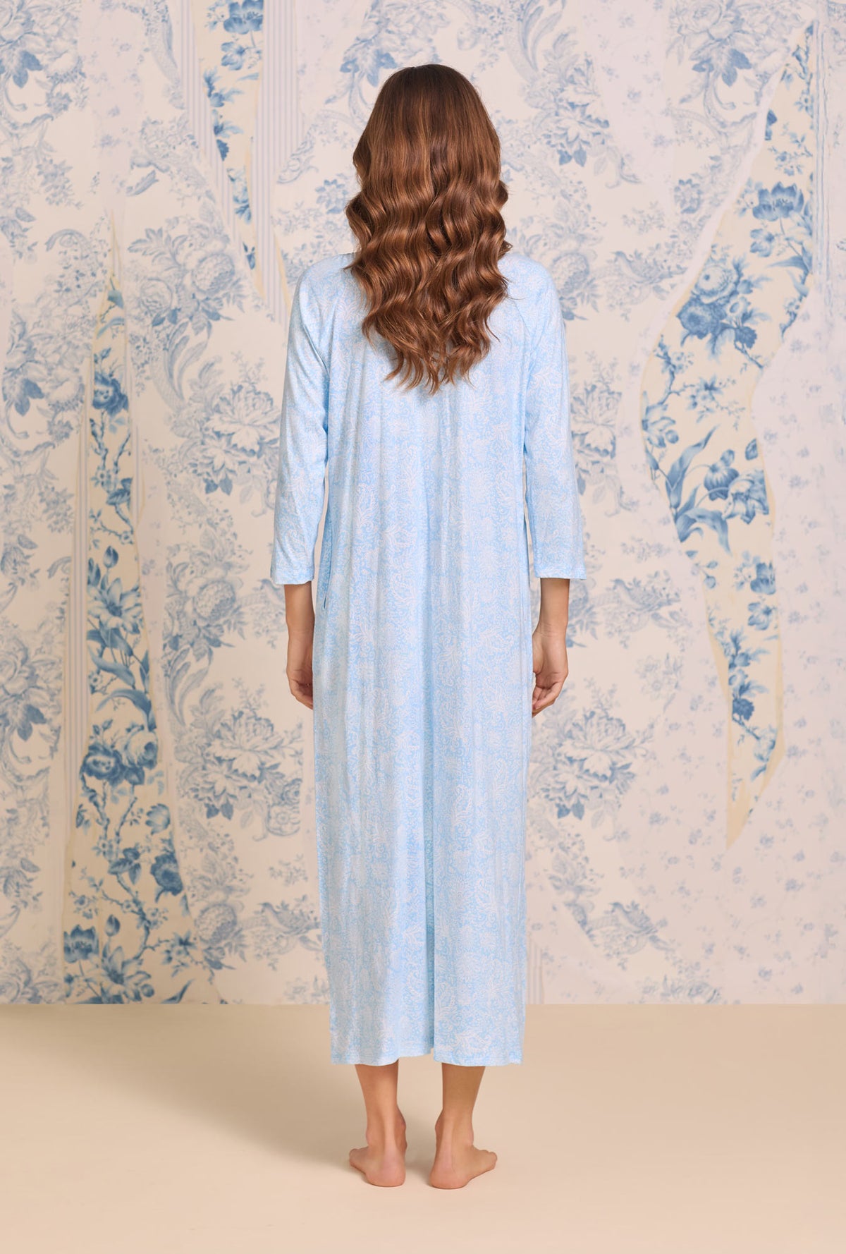 A lady wearing Blue Whisper Paisley Cotton Knit Long Nightgown