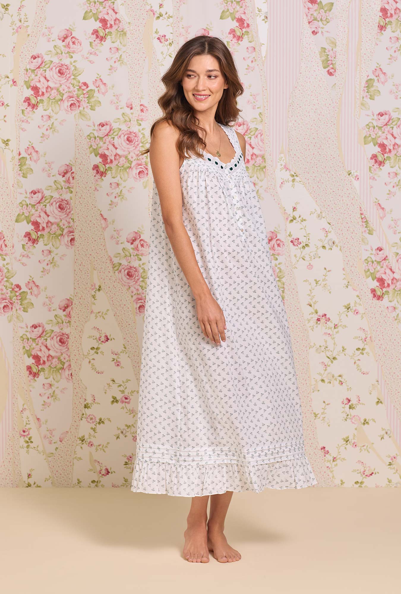 A Lady wearing the "Eileen" Heirloom Mistletoe Cotton Lawn Ballet Nightgown