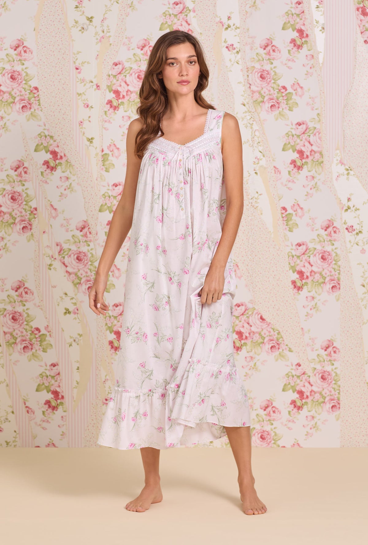 A Lady Wearing The "Eileen" Vintage Bouquet Cotton Lawn Ballet Nightgown Front view