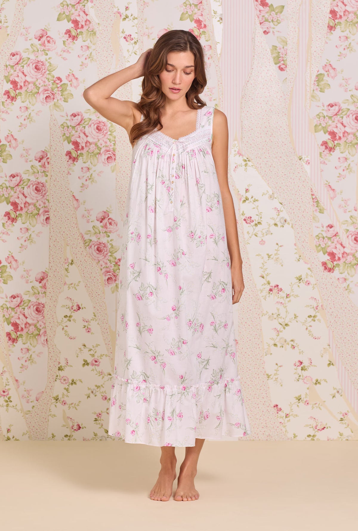 A Lady Wearing The "Eileen" Vintage Bouquet Cotton Lawn Ballet Nightgown