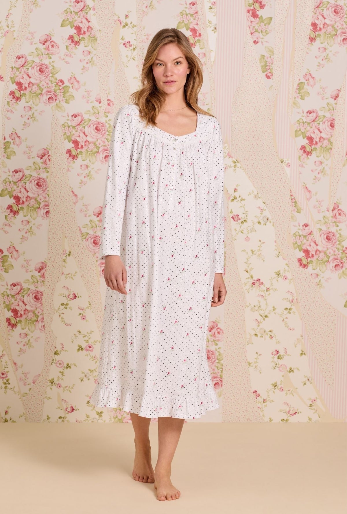 A Lady wearing Rosebud Dot Cotton Knit Long Sleeve Ballet Nightgown
