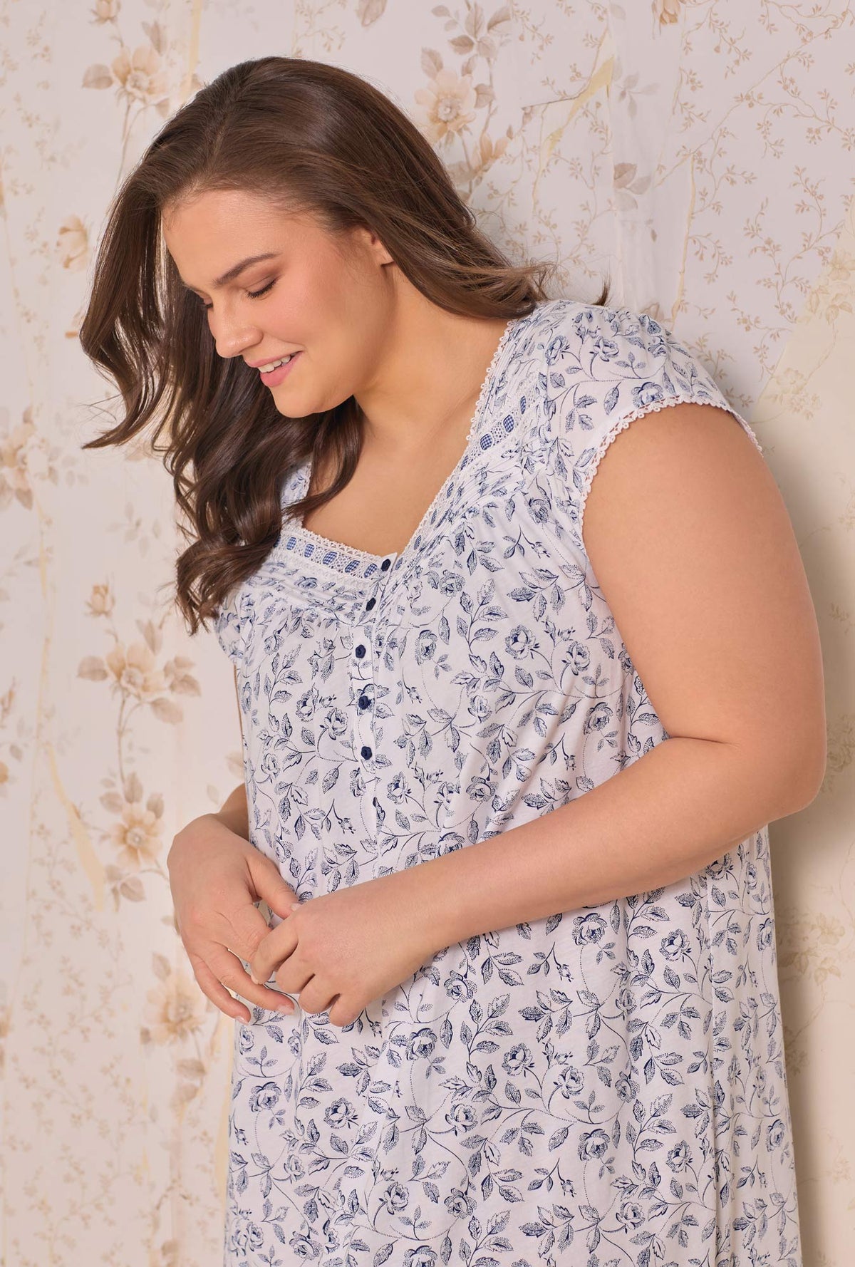 A lady wearing plus size Heritage Rose Cotton Modal Cap Sleeve Waltz Nightgown closer look