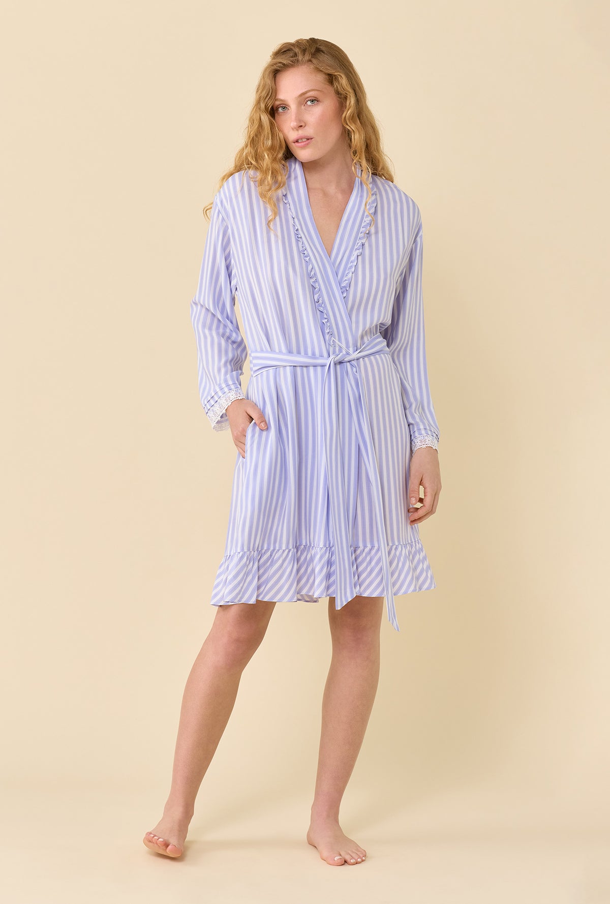 A lady wearing Provence Stripe Robe