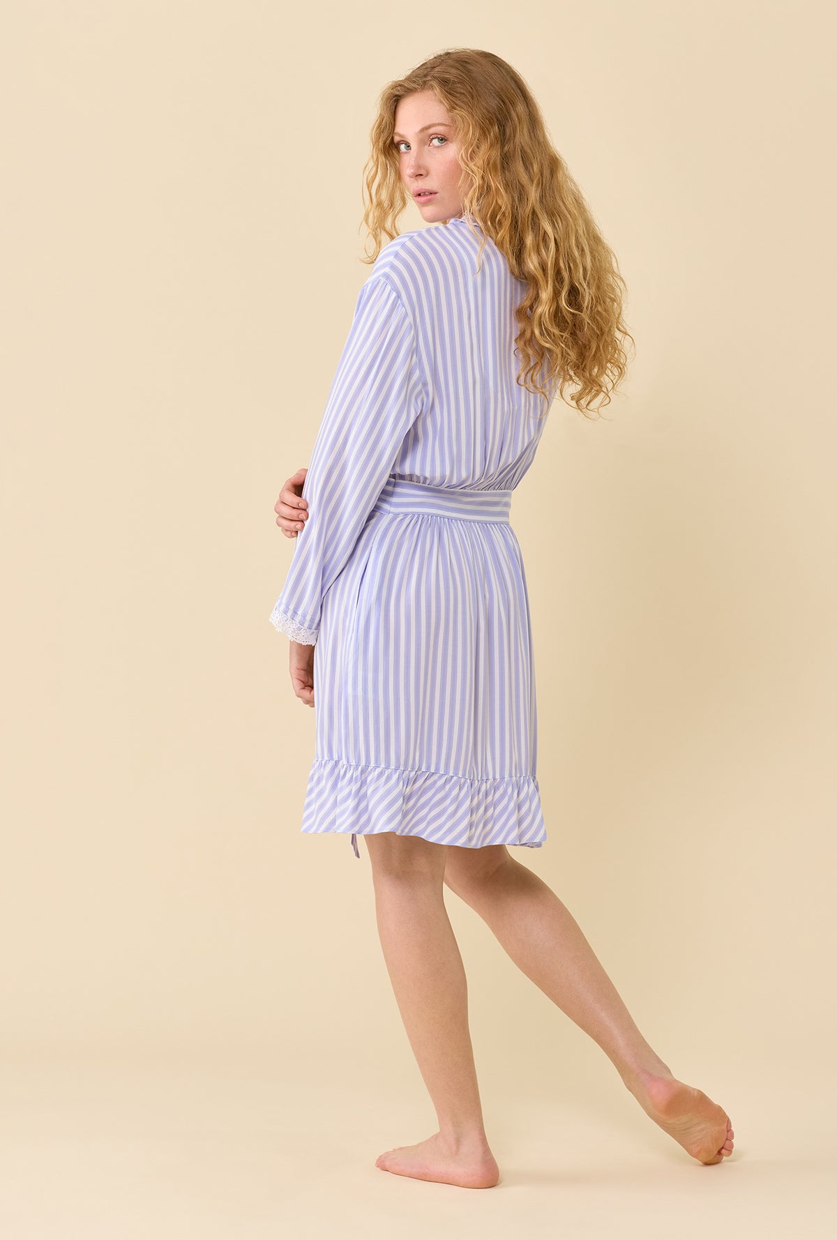 A lady wearing Provence Stripe Robe back view
