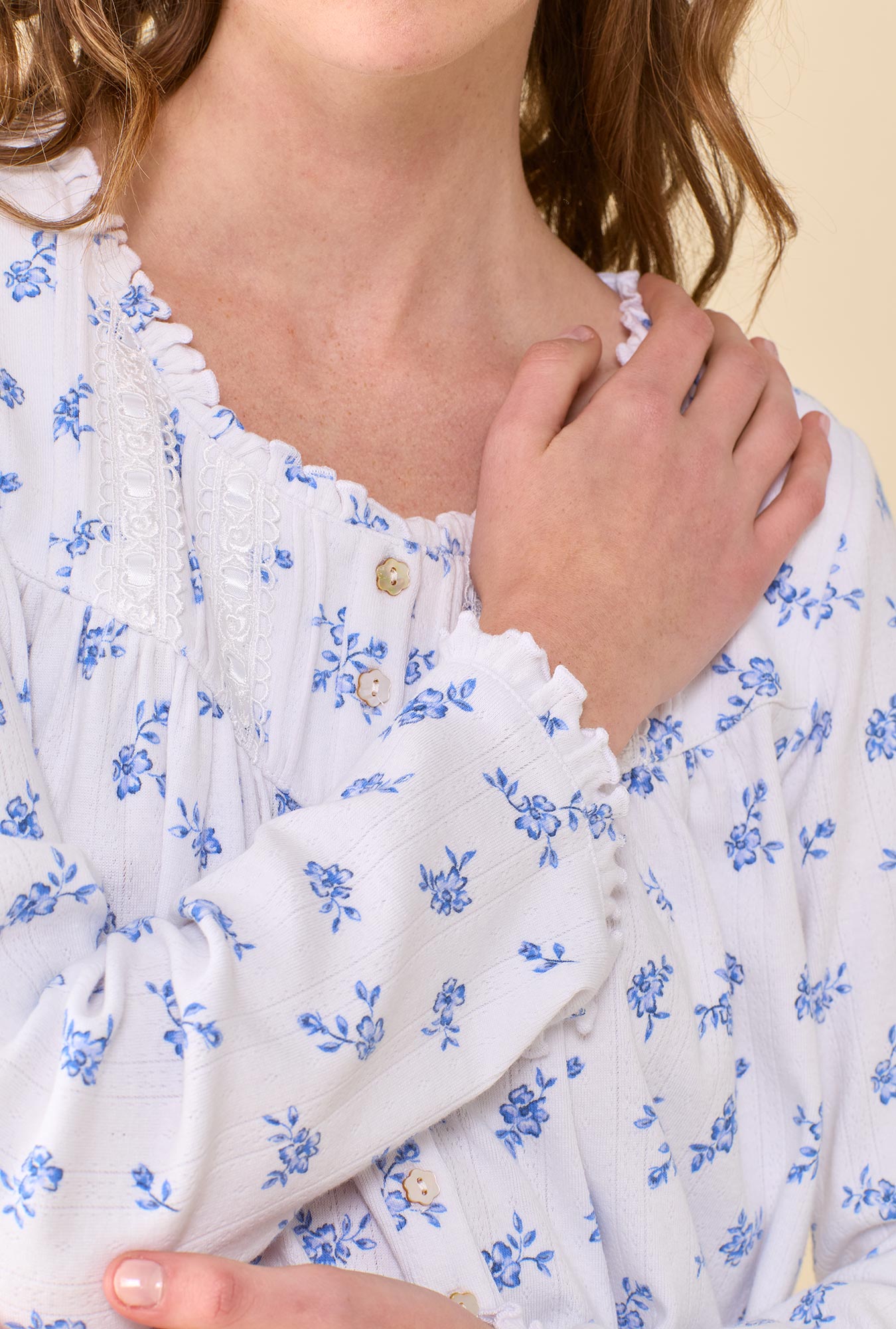 A lady wearing Forget-Me-Not 100% Cotton Pointelle Long Sleeve Ballet Nightgown closer look at neck