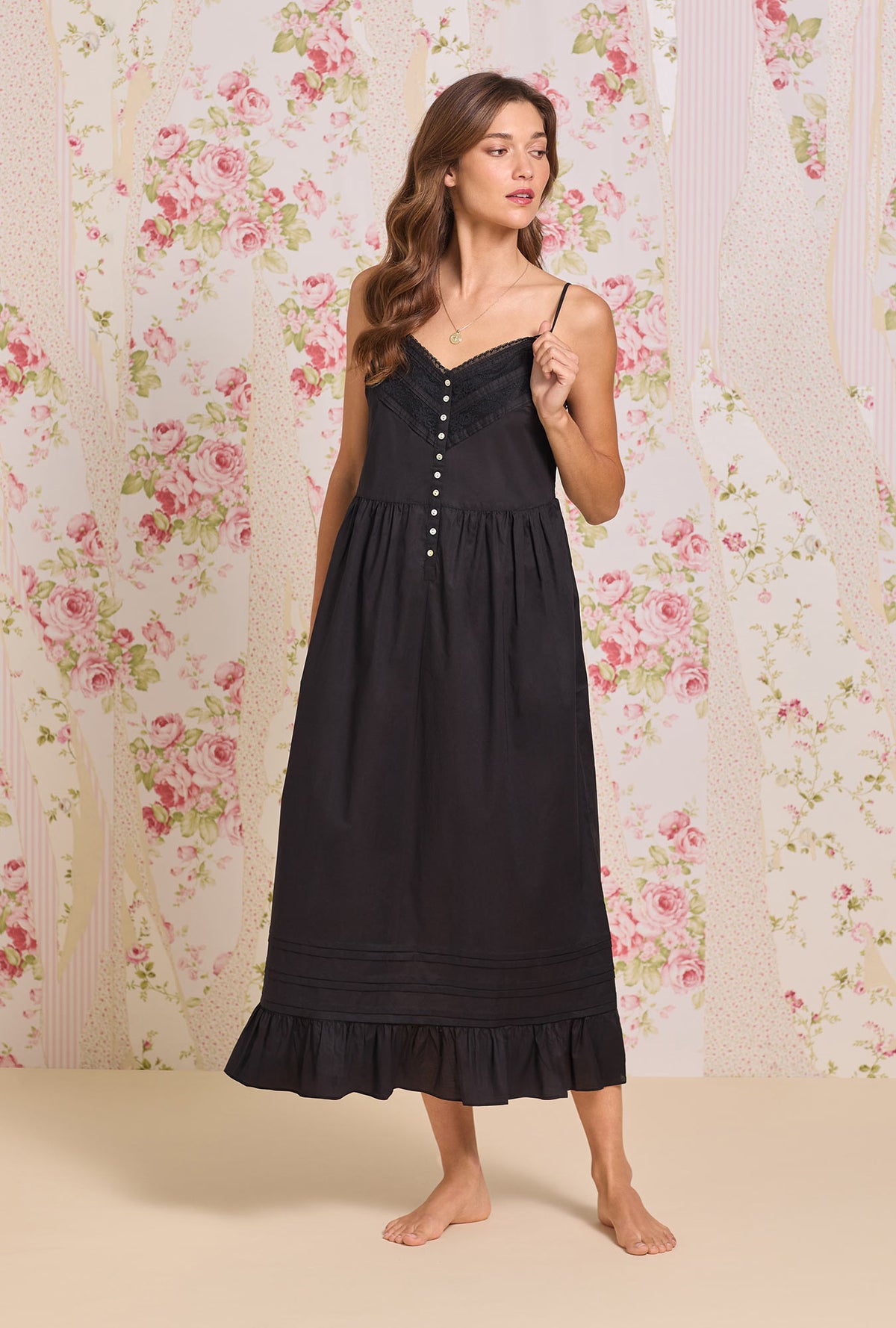 A Lady wearing the "Elise" Iconic Black Cotton Lawn Ballet Nightgown