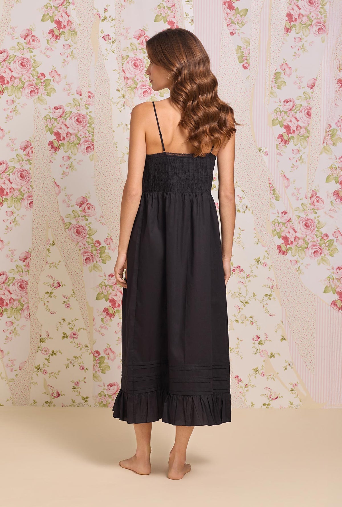 A Lady wearing the "Elise" Iconic Black Cotton Lawn Ballet Nightgown