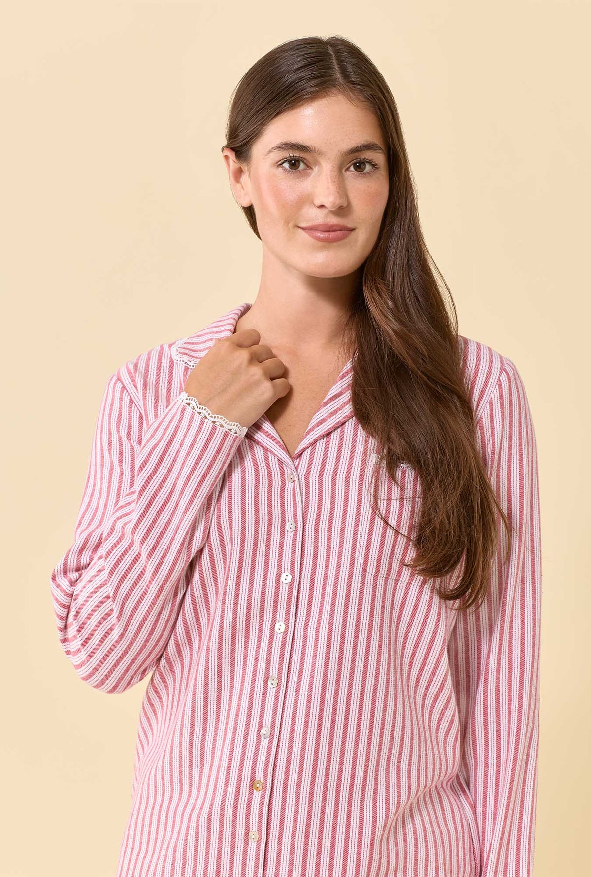 Cranberry Stripe 100% Cotton Flannel Long Sleeve Pajama Set