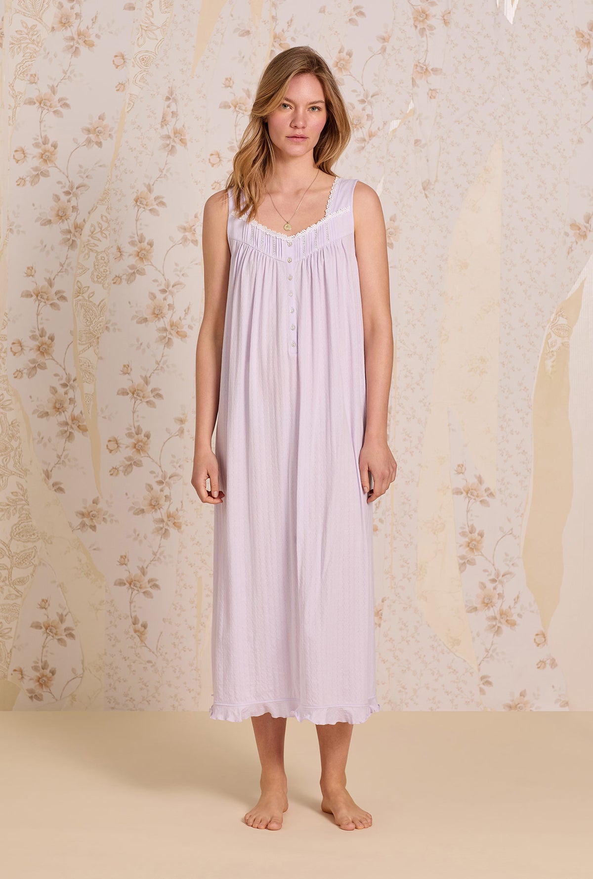 A lady wearing The &quot;Eileen&quot; Chateau Lavender Cotton Pointelle Ballet Nightgown