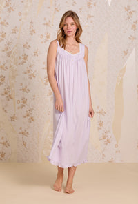 A lady wearing The "Eileen" Chateau Lavender Cotton Pointelle Ballet Nightgown