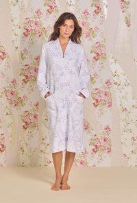 A lady wearing Petite Floral Diamond Quilt Zip Robe
