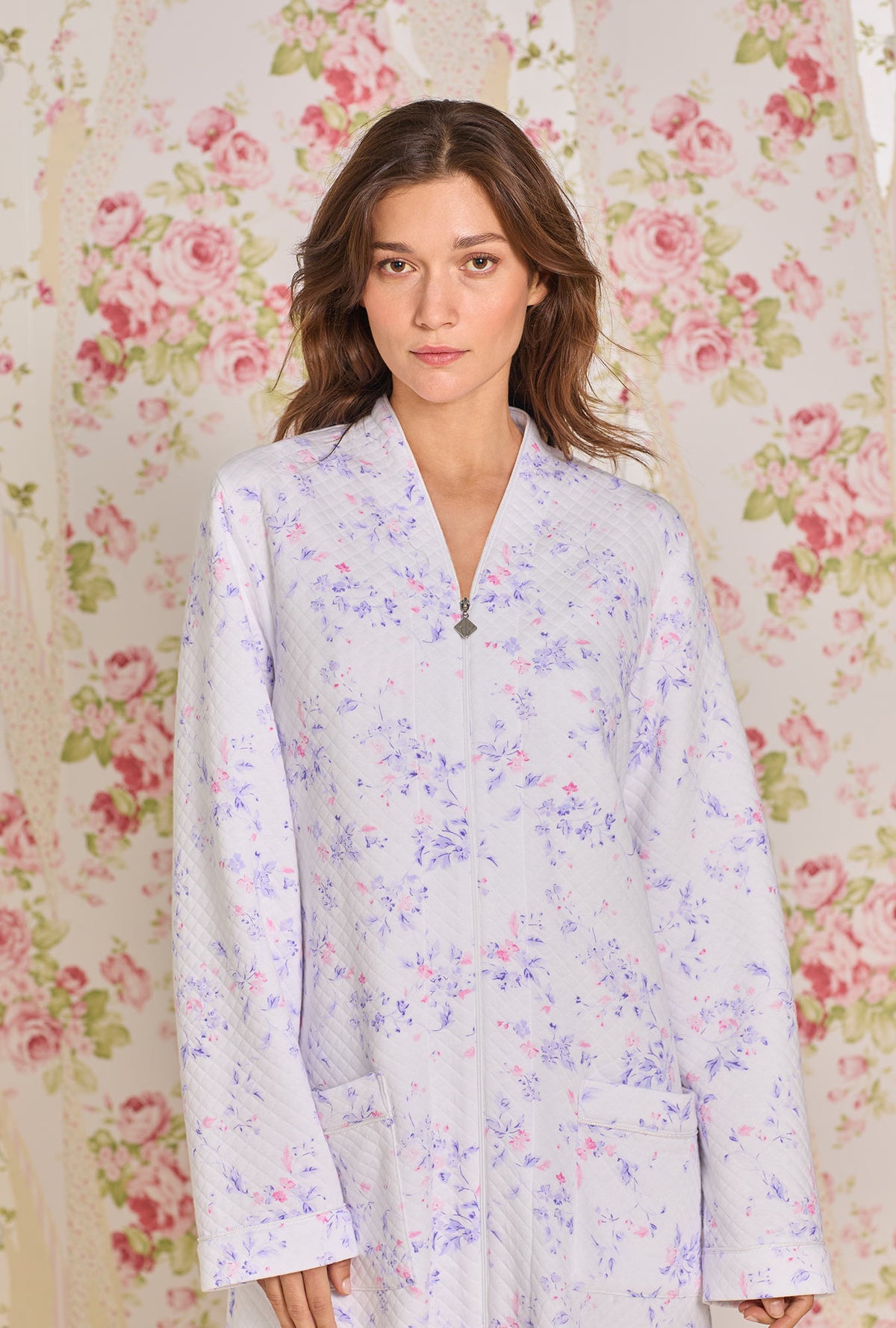 A lady wearing Petite Floral Diamond Quilt Zip Robe