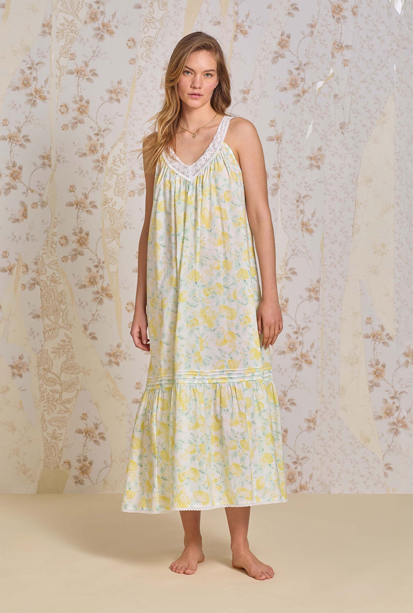 A lady wearing The "Faye" Limoncello Cotton Lawn Ballet Nightgown