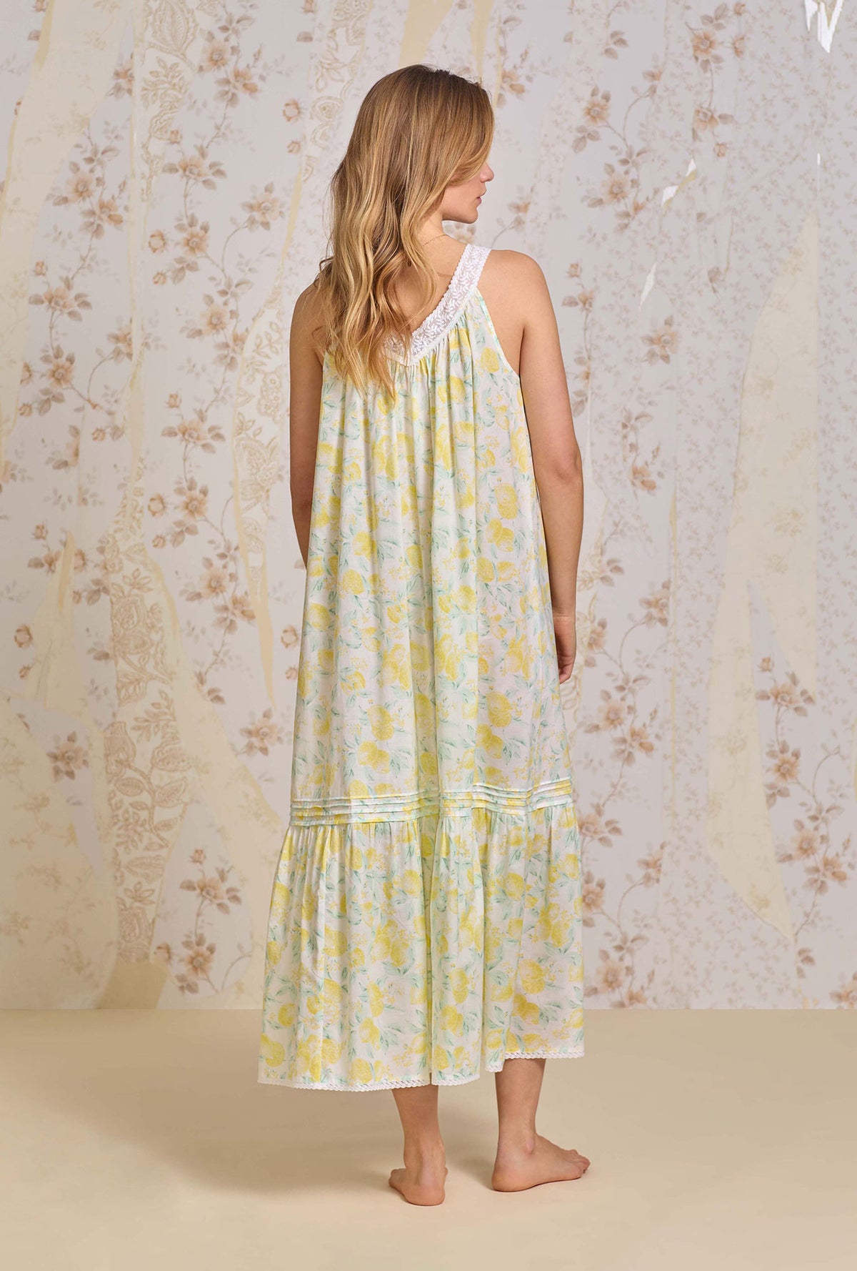 A lady wearing The &quot;Faye&quot; Limoncello Cotton Lawn Ballet Nightgown
