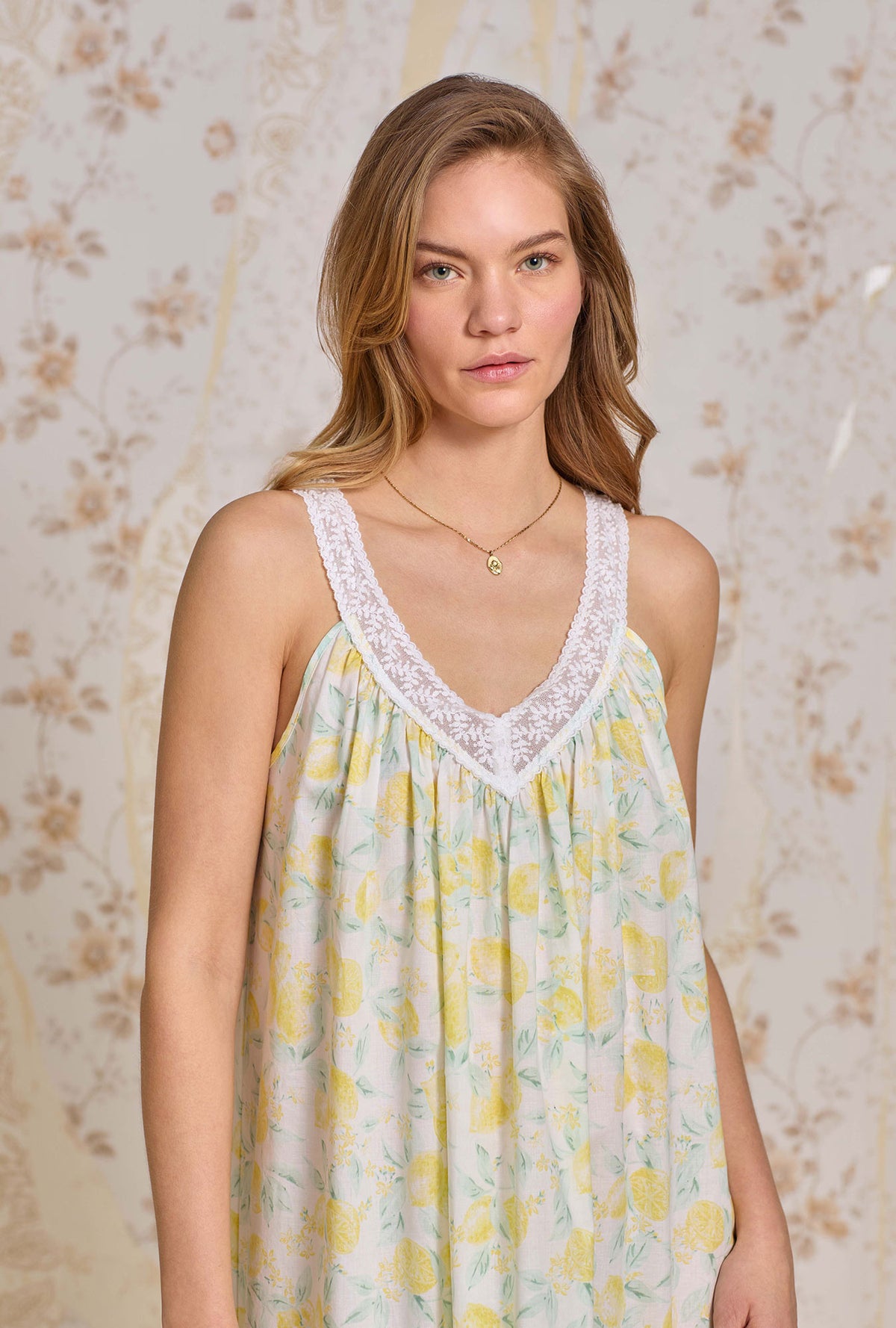 A lady wearing The &quot;Faye&quot; Limoncello Cotton Lawn Ballet Nightgown