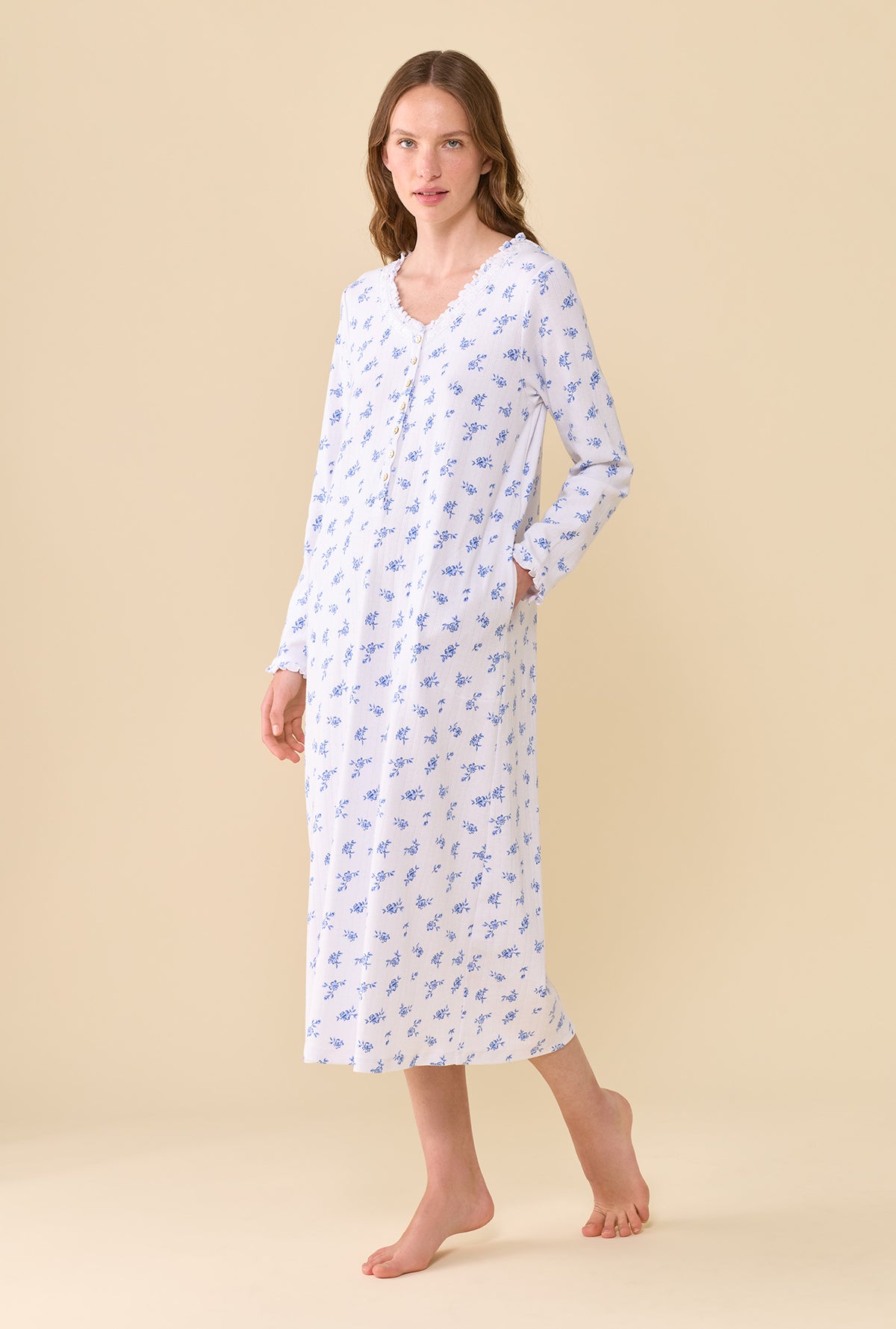 Forget-Me-Not 100% Cotton Pointelle Long Sleeve Nightdress