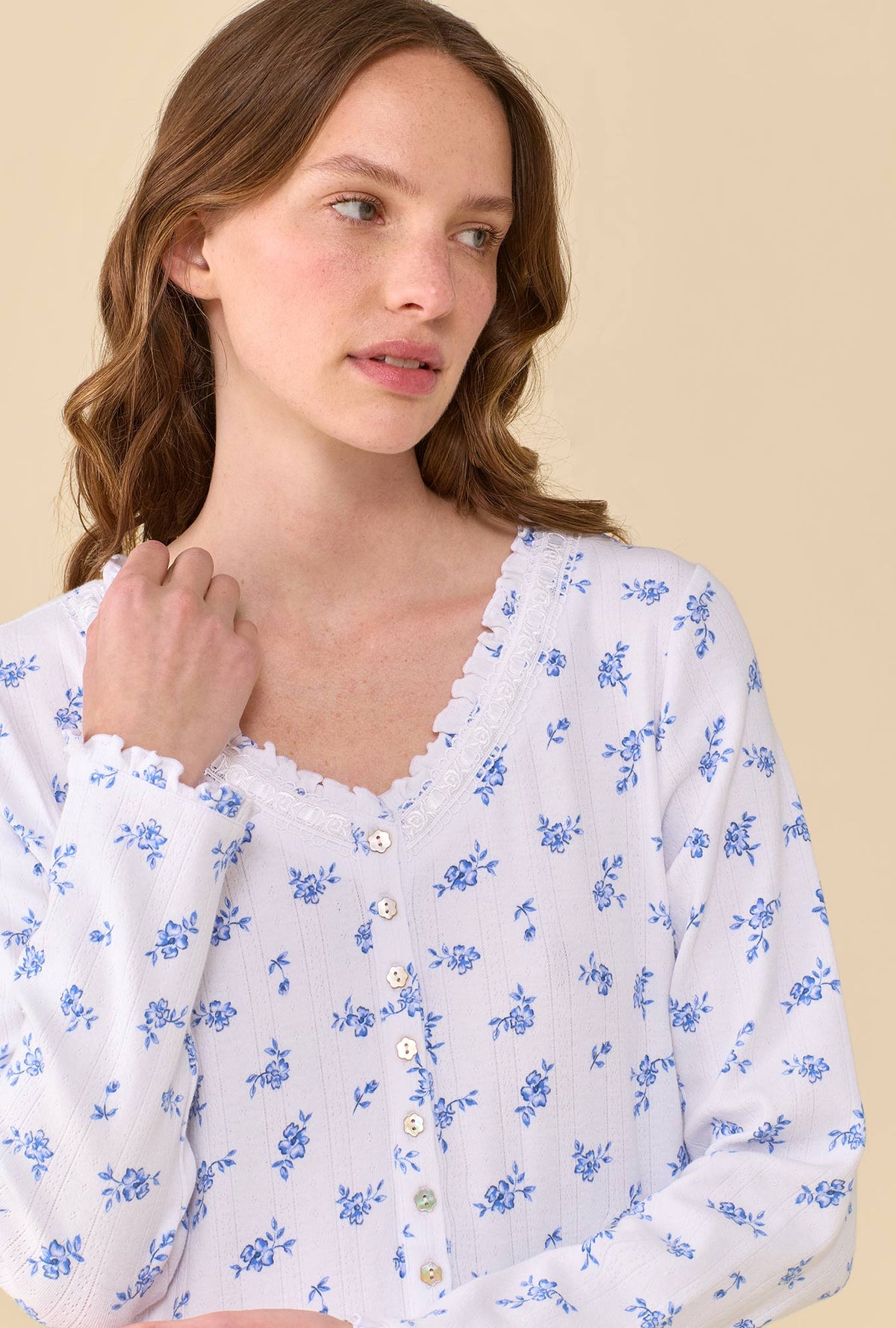 Forget-Me-Not 100% Cotton Pointelle Long Sleeve Nightdress