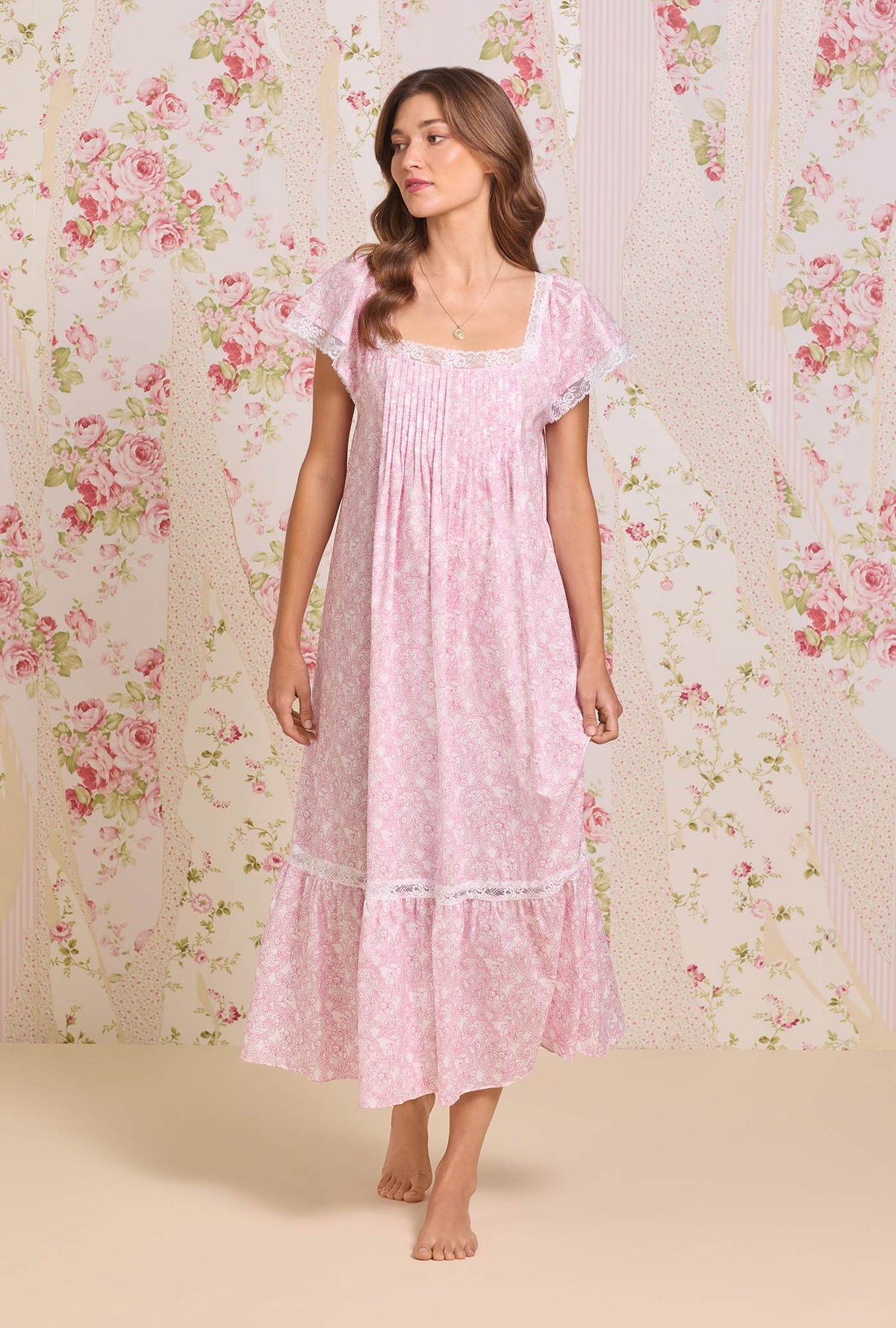 The "Grace" Cameo Garden Cotton Lawn Flutter Sleeve Ballet Nightgown