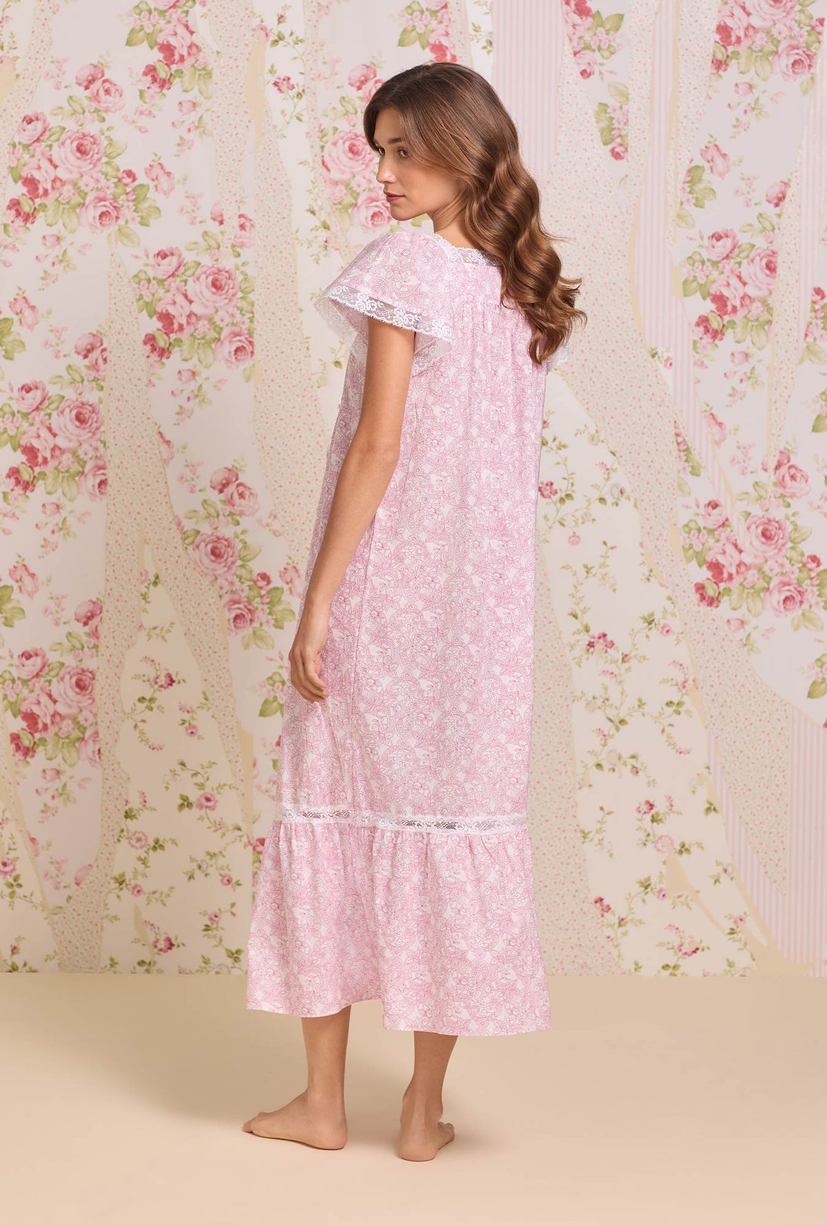The "Grace" Cameo Garden Cotton Lawn Flutter Sleeve Ballet Nightgown