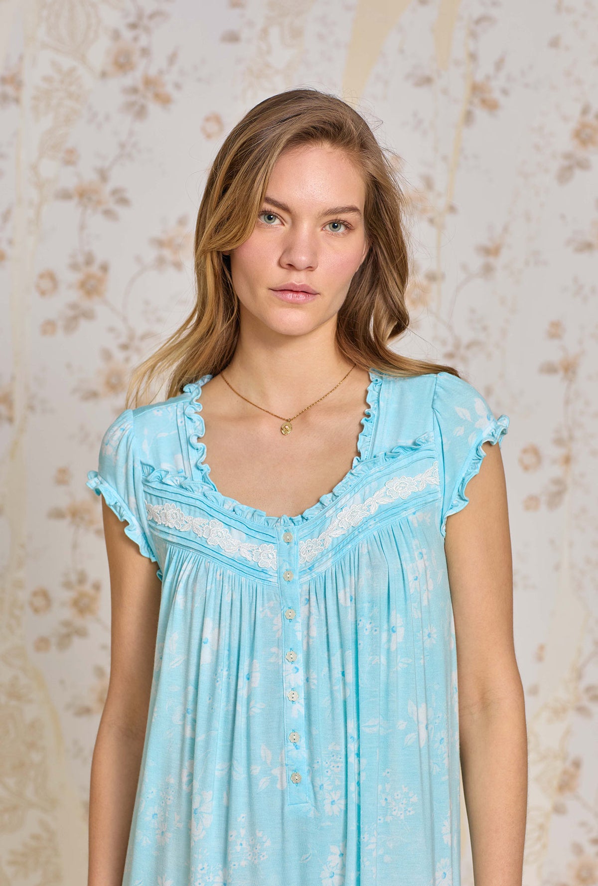 A lady wearing Aqua Bloom Tencel ™ Modal Waltz Nightgown