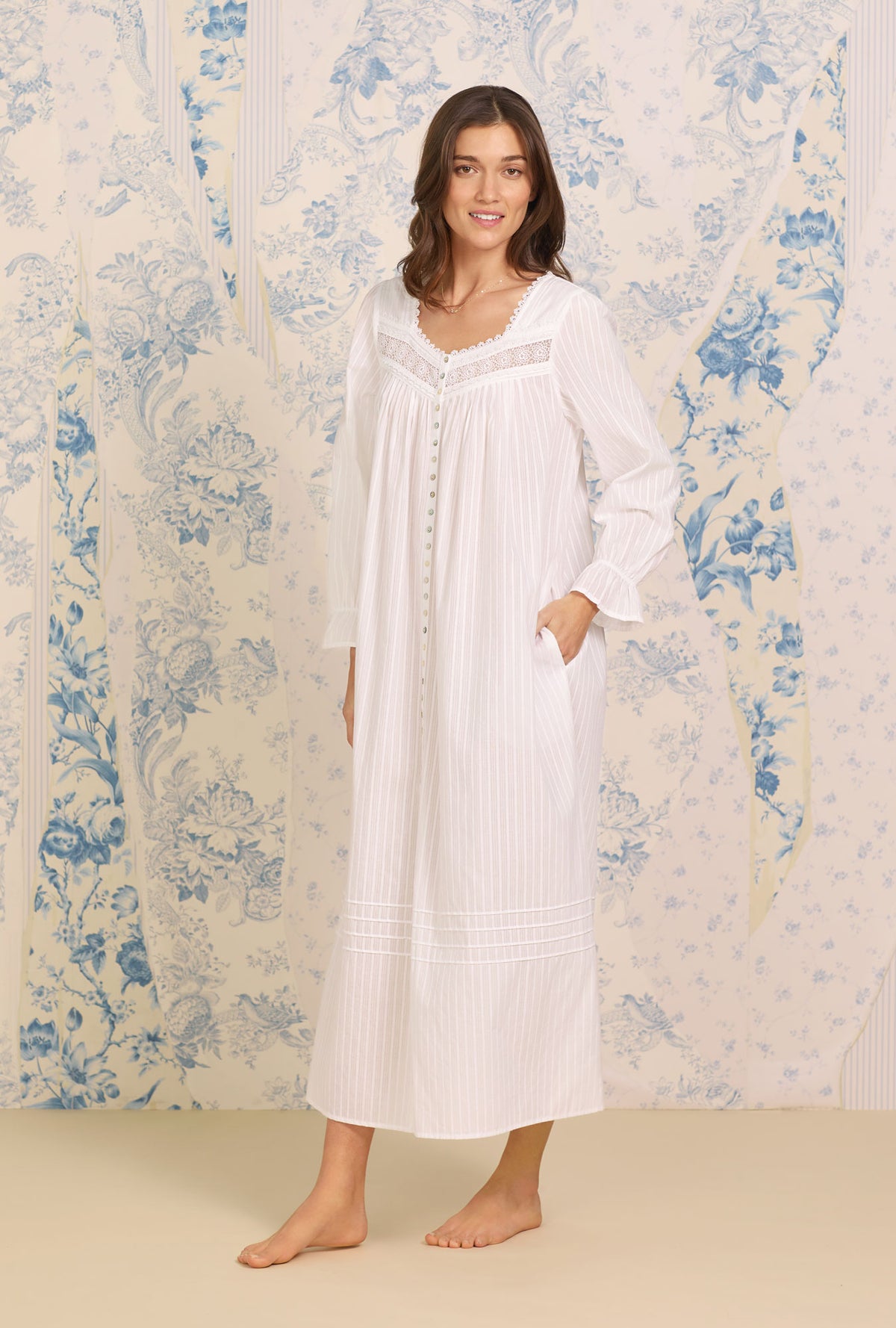 A lady wearing Dobby Stripe Button Front Robe
