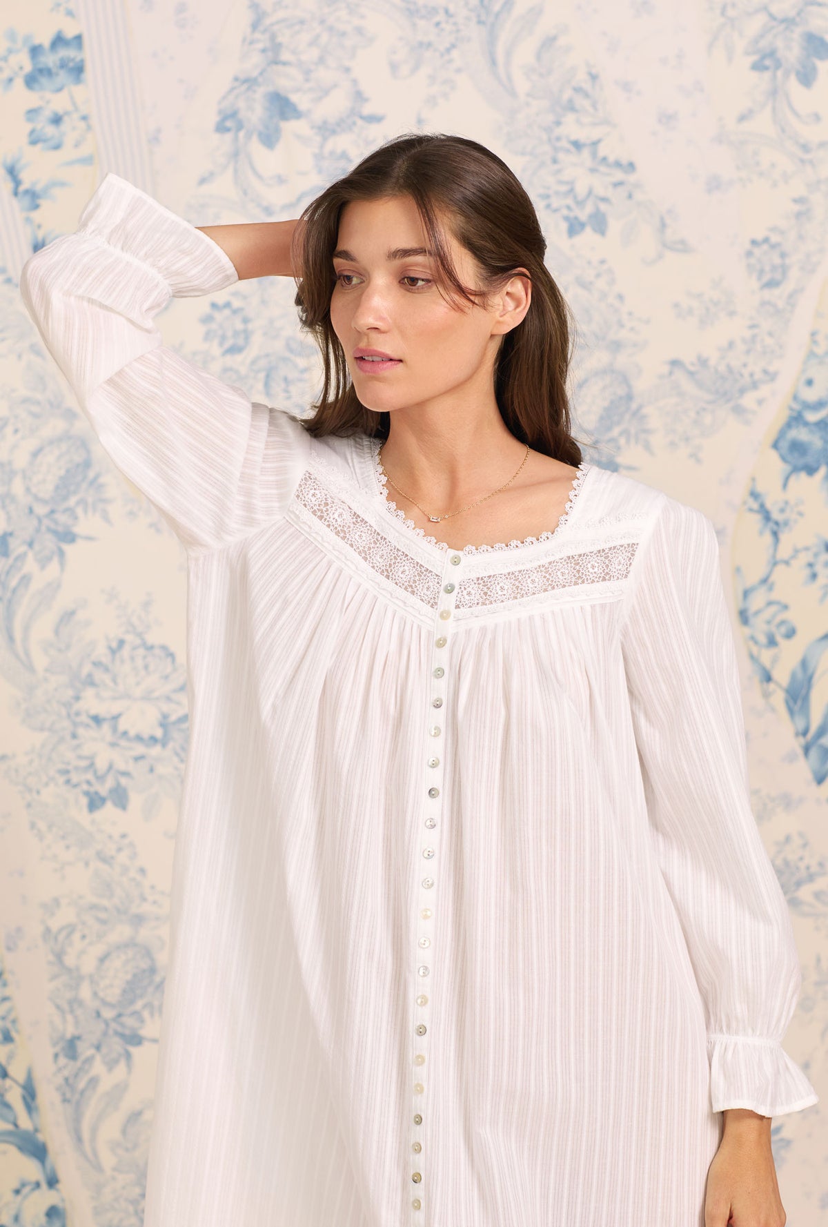 A lady wearing Dobby Stripe Button Front Robe