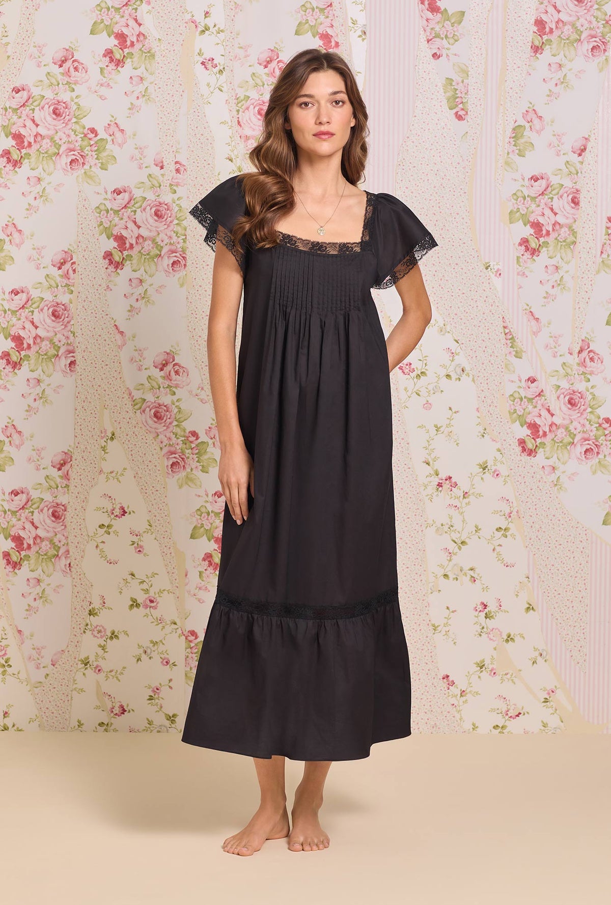 The "Grace" Iconic Black Cotton Lawn  Flutter Sleeve Ballet Nightgown