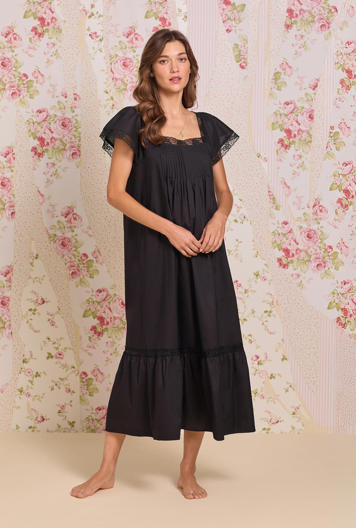 The "Grace" Iconic Black Cotton Lawn  Flutter Sleeve Ballet Nightgown