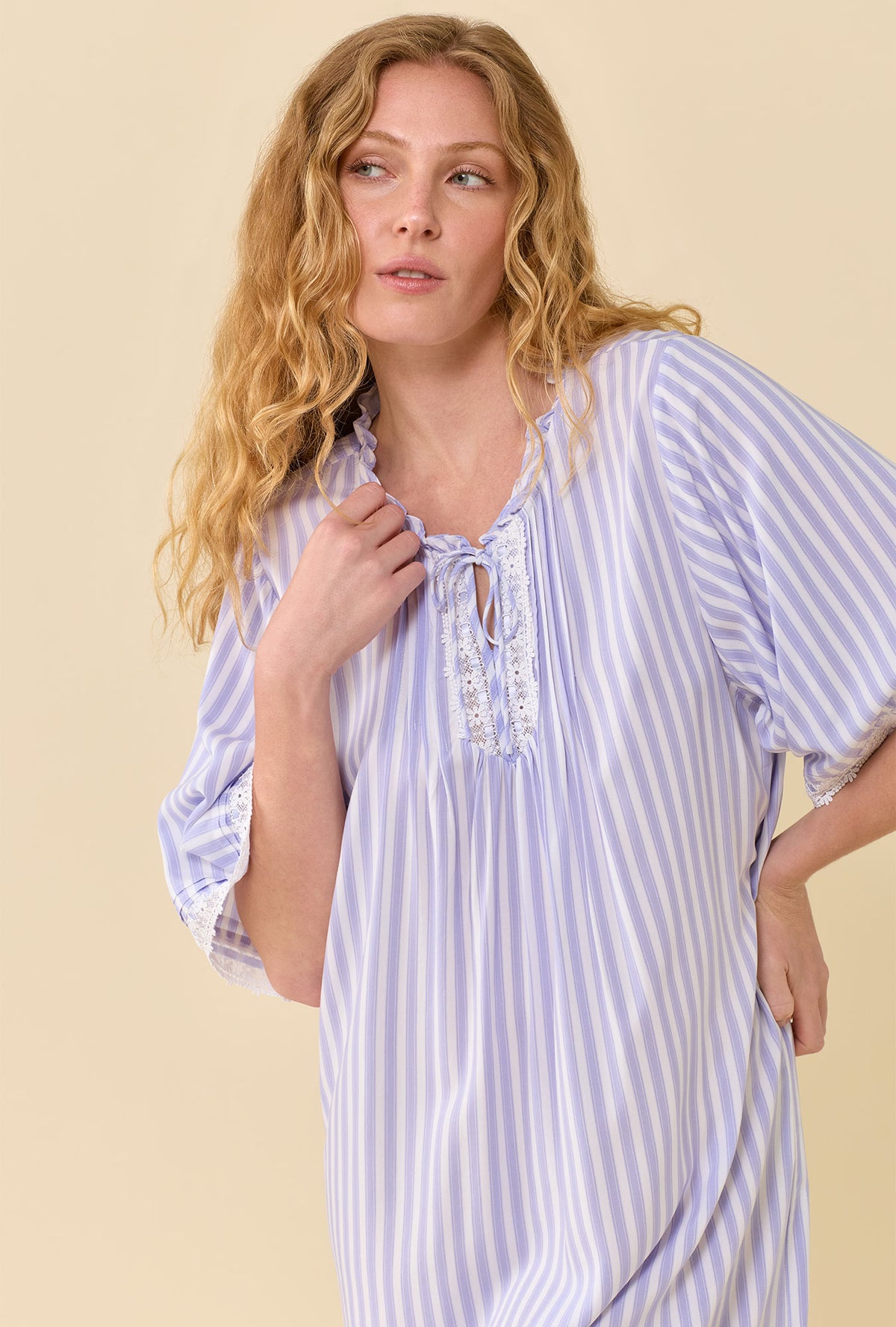 A lady wearing Provence Stripe Caftan closer look