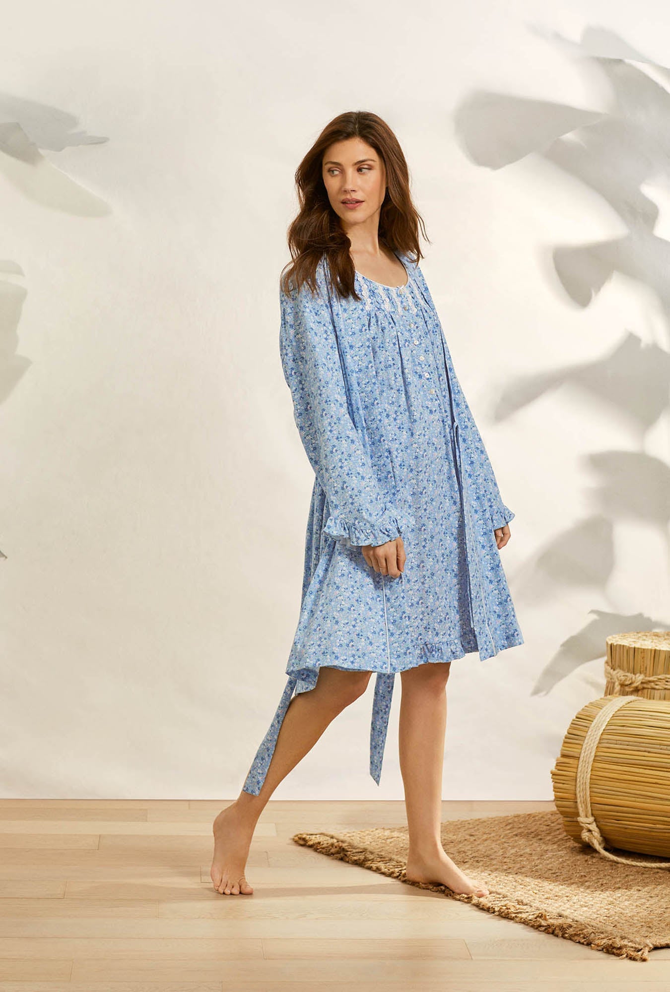 A Lady wearing sleeveless  Blue Garden Short Knit Cotton Nightgown