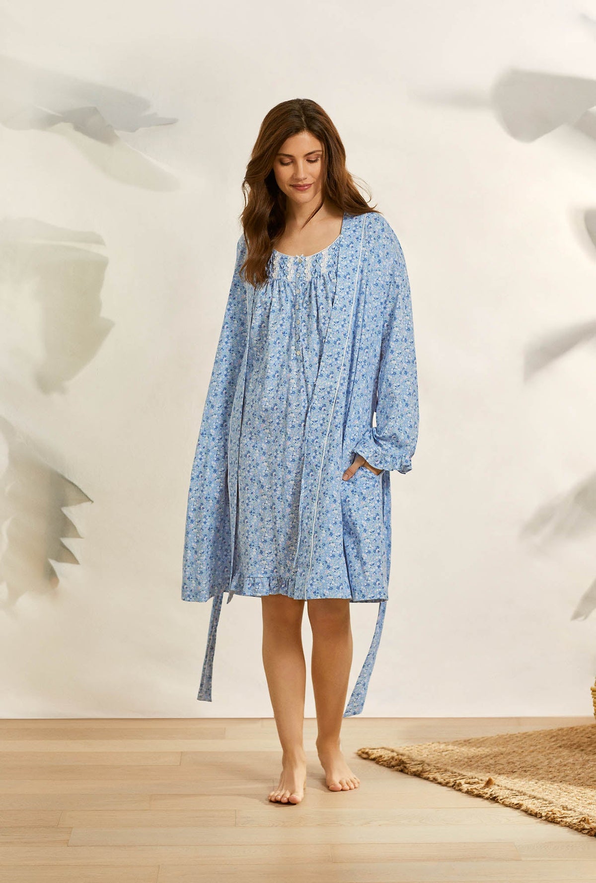 A Lady wearing sleeveless  Blue Garden Short Knit Cotton Nightgown
