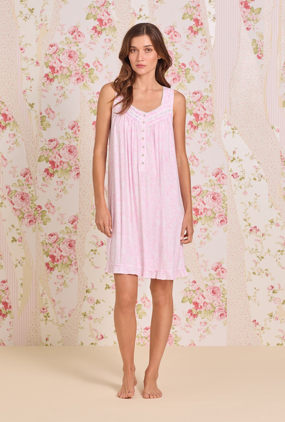 A lady wearing Pink Peony Tencel™ Modal Short Chemise