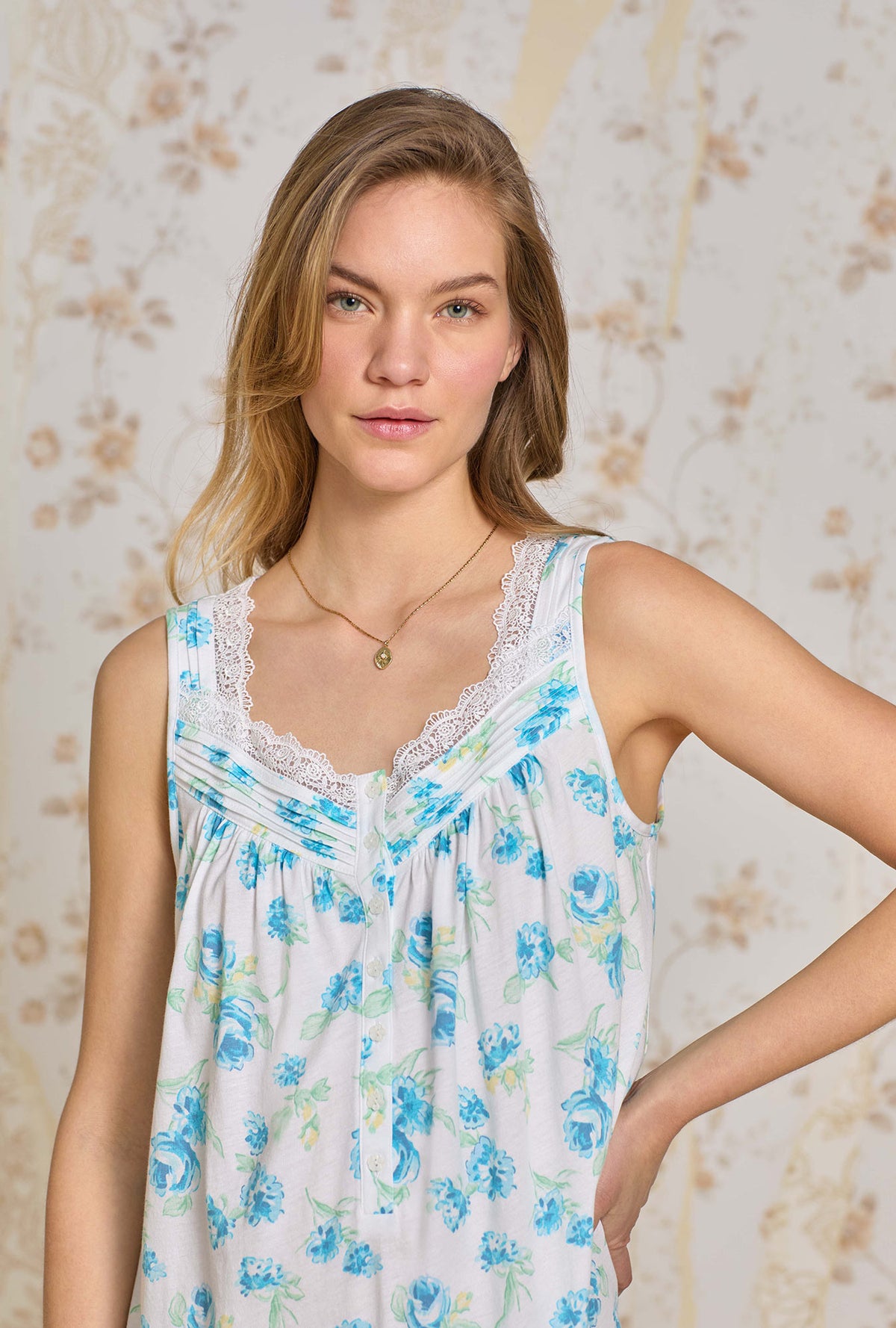 A lady wearing Bluebell Mist Cotton Modal Chemise