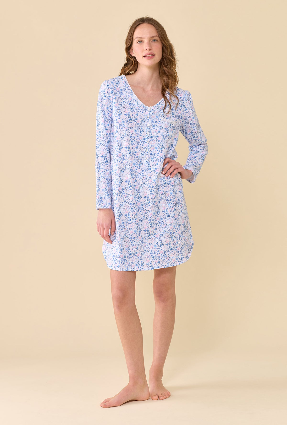 Rosette 100% Cotton Jersey Knit Long Sleeve Nightshirt