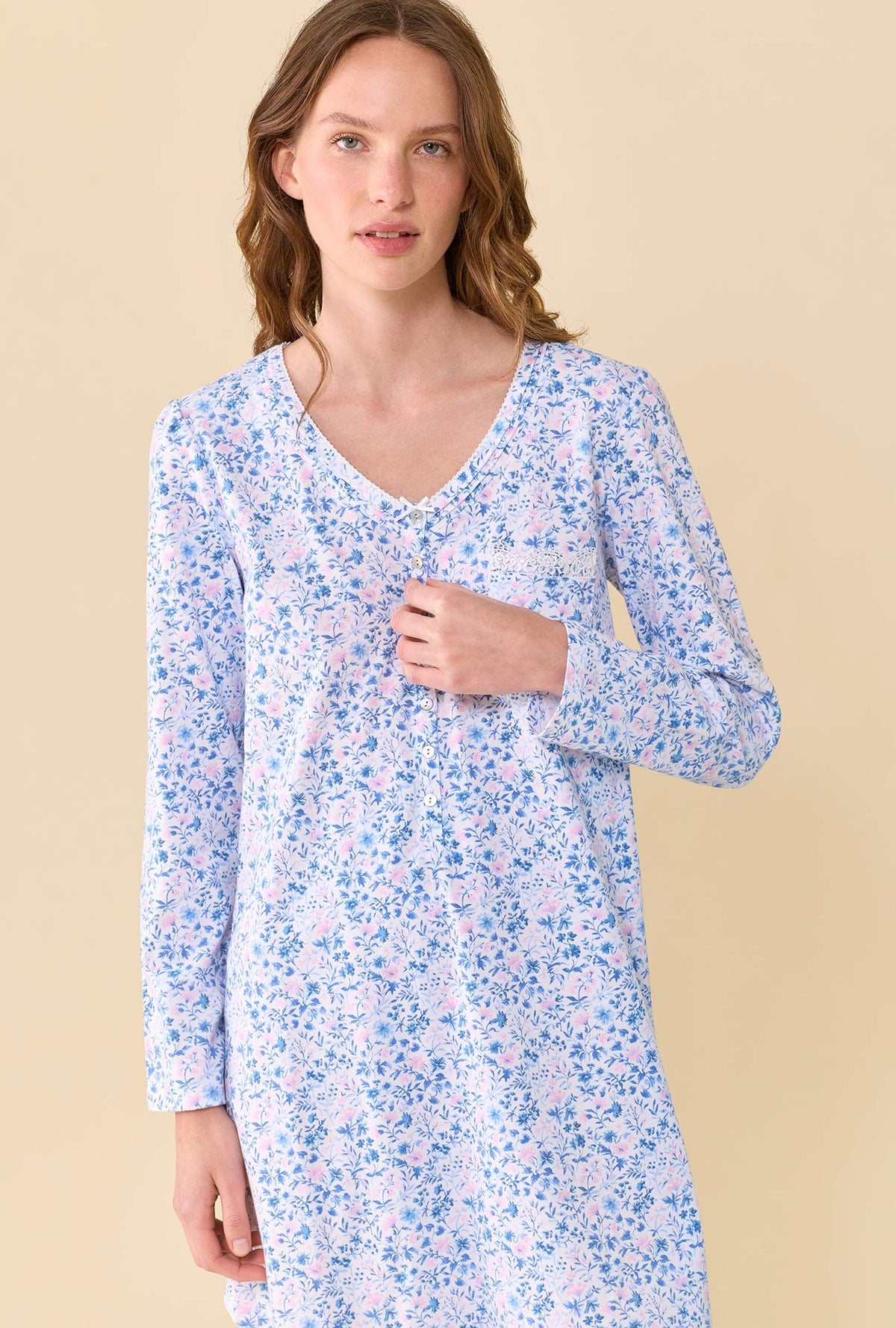 Rosette 100% Cotton Jersey Knit Long Sleeve Nightshirt