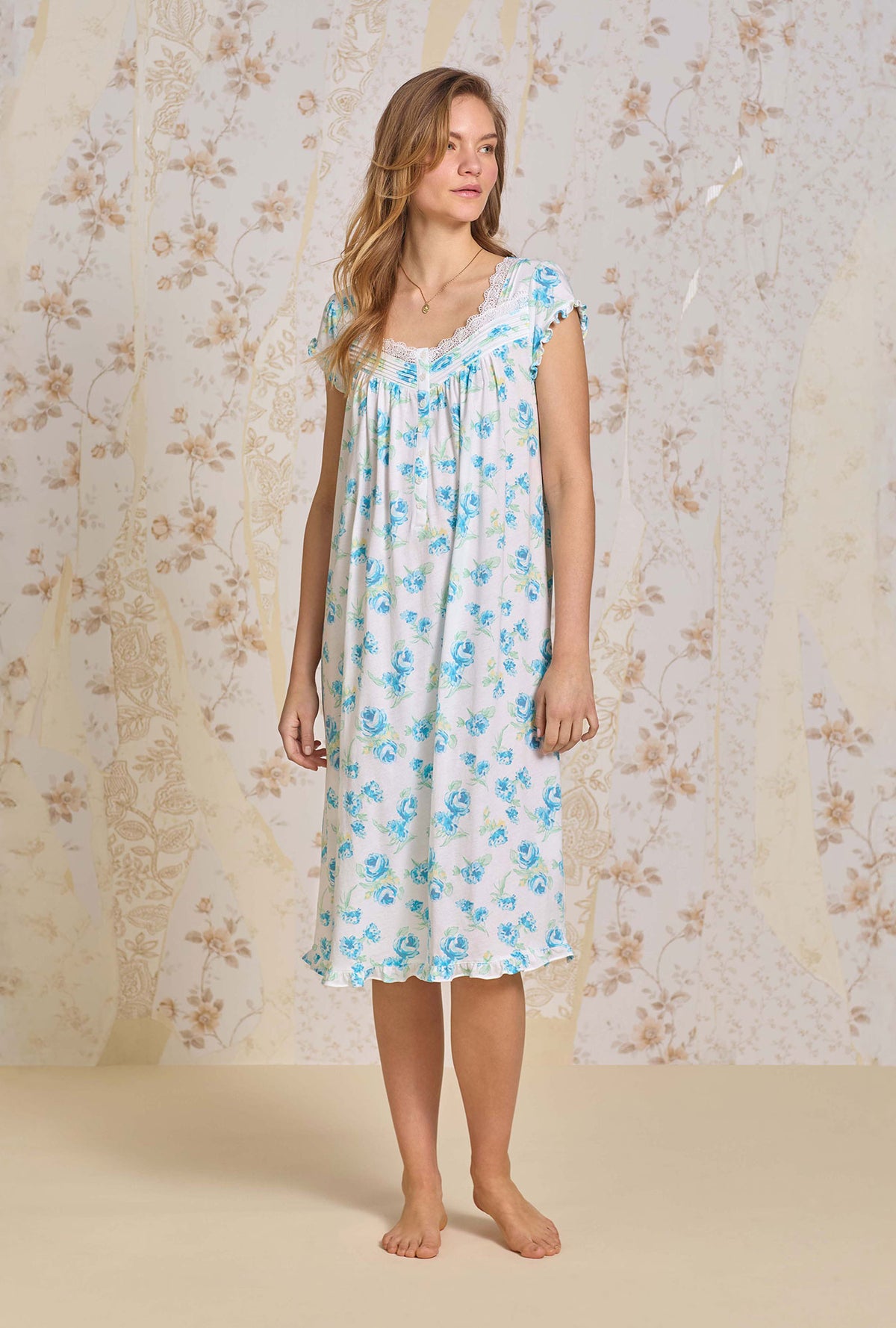A lady wearing Bluebelle Mist Cotton Modal Waltz Nightgown