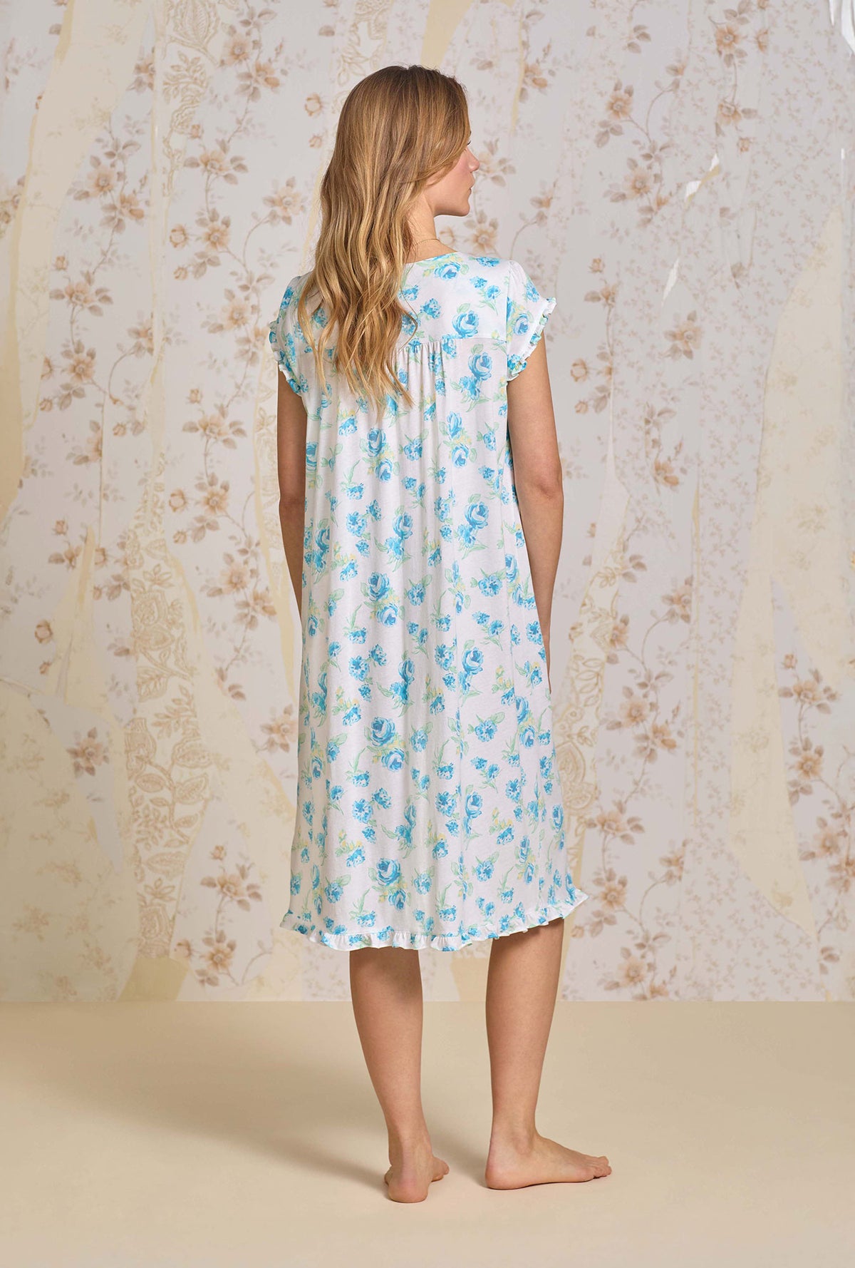 A lady wearing Bluebelle Mist Cotton Modal Waltz Nightgown