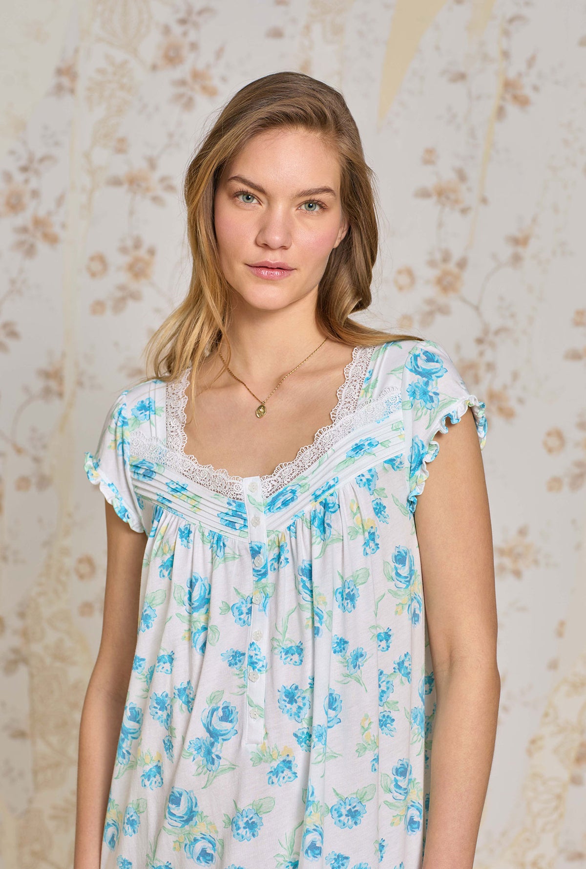 A lady wearing Bluebelle Mist Cotton Modal Waltz Nightgown