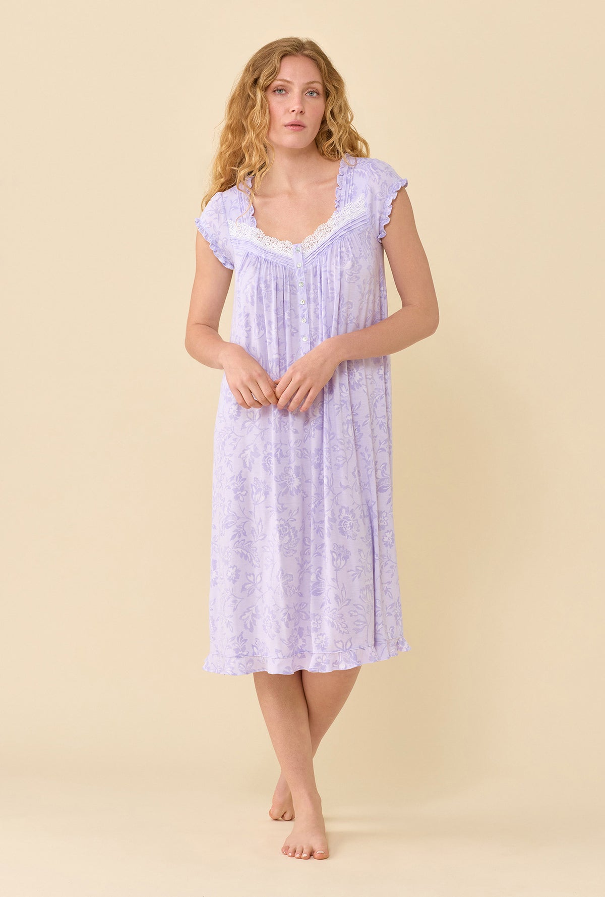 A lady wearing Lavender Bloom Waltz Nightgown 