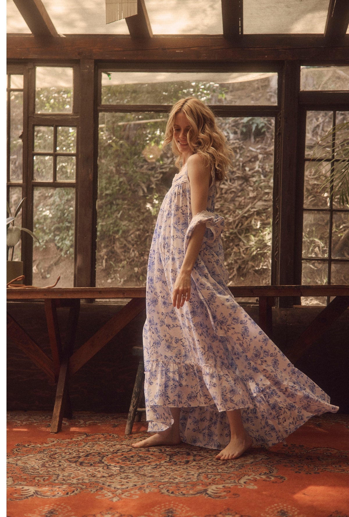 A lady wearing Rustic Rose &quot;Eileen&quot; Cotton Lawn Ballet Nightgown