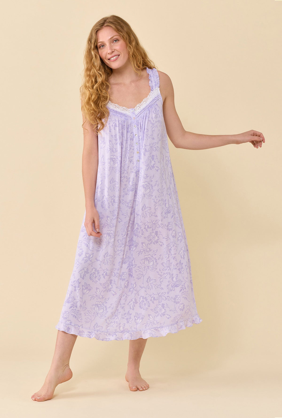 A lady wearing The Eileen Lavender Bloom Nightgown looking side