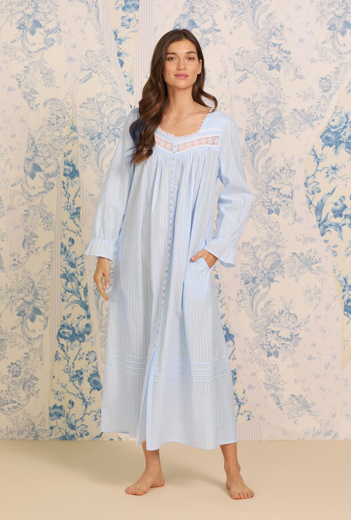A lady wearing Dobby Stripe Button Front Robe