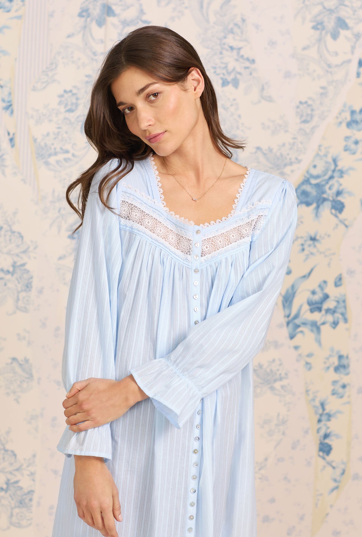 A lady wearing Dobby Stripe Button Front Robe