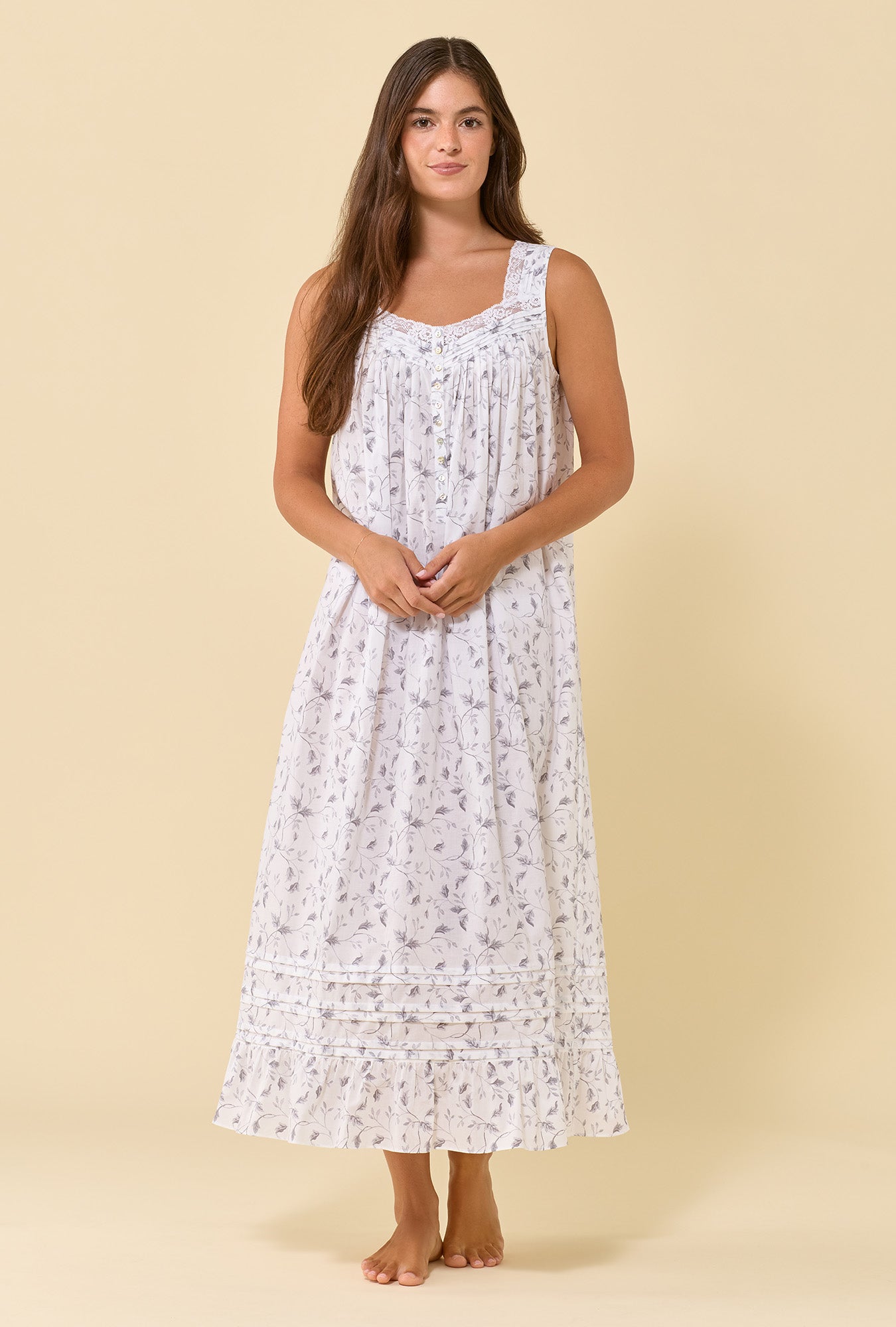 A lady wearing Eileen Silver Willow 100% Cotton Woven Lawn Ballet Nightgown looking front